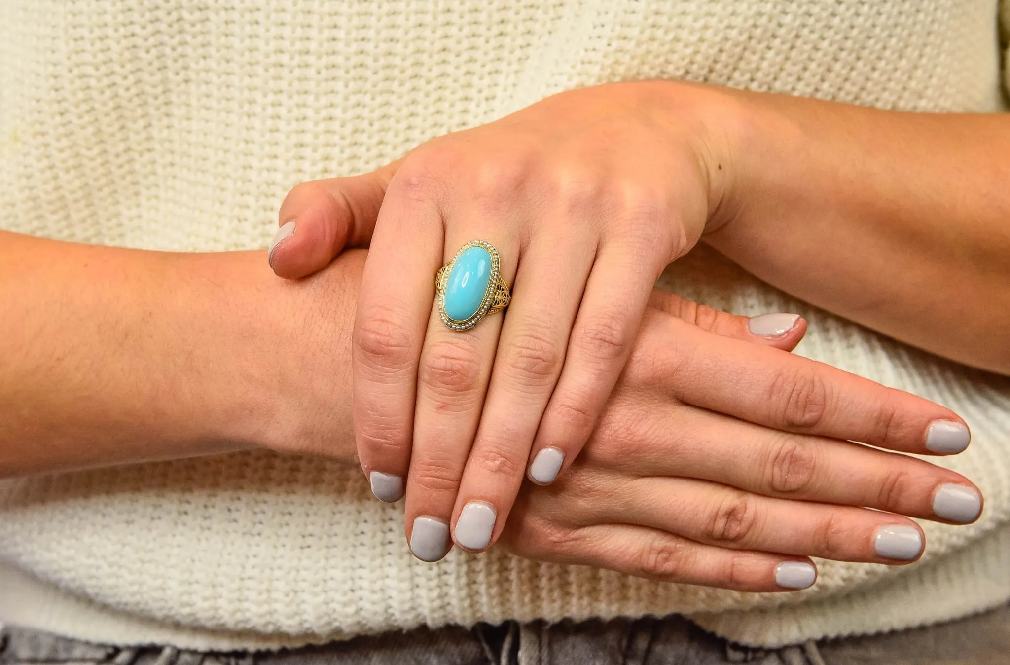 Art Deco Turquoise Seed Pearl 14 Karat Gold Fashion Ring