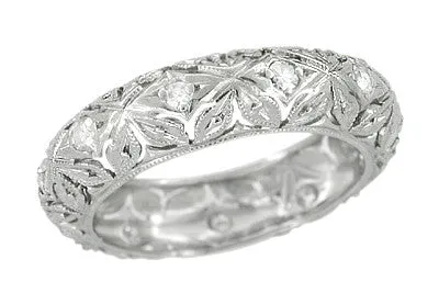Art Deco Vintage Laurel Hill Flowers Diamond Wedding Band - Platinum - Size 5.75