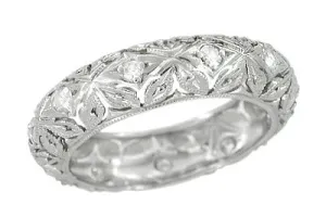 Art Deco Vintage Laurel Hill Flowers Diamond Wedding Band - Platinum - Size 5.75