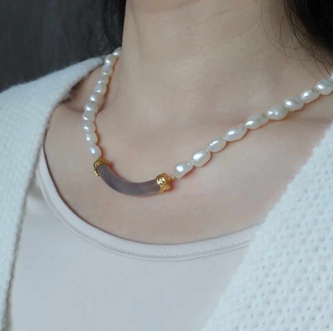 Baroque Pearl Crystal Curve Tube Necklace