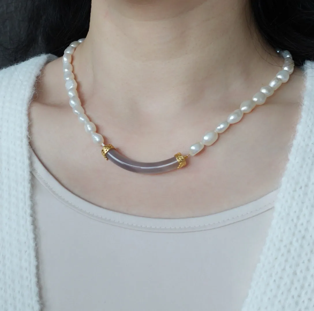 Baroque Pearl Crystal Curve Tube Necklace