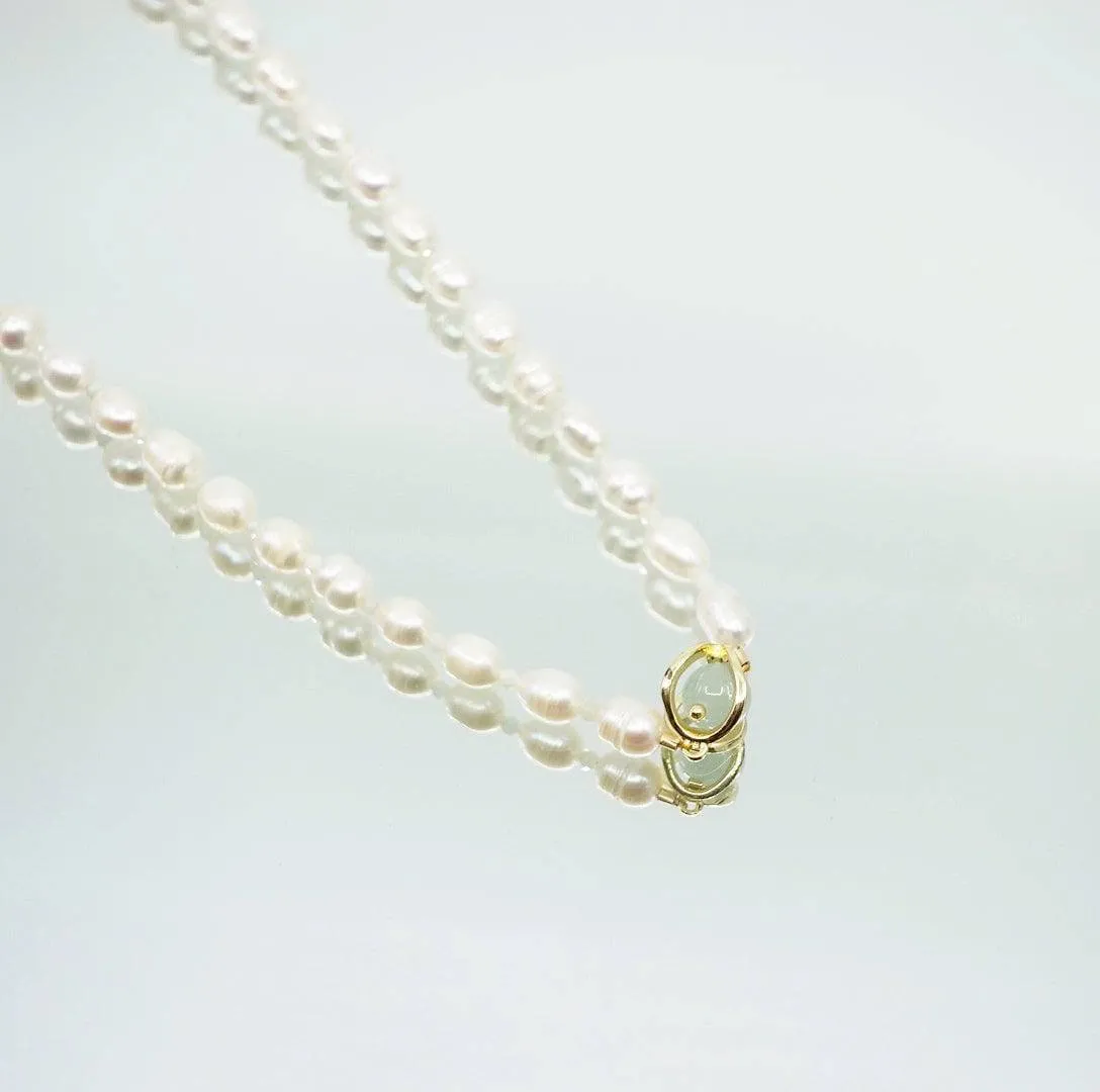 Beaded Baroque Pearl and Jade Necklace Gold