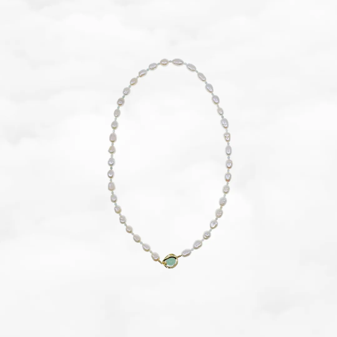 Beaded Baroque Pearl and Jade Necklace Gold