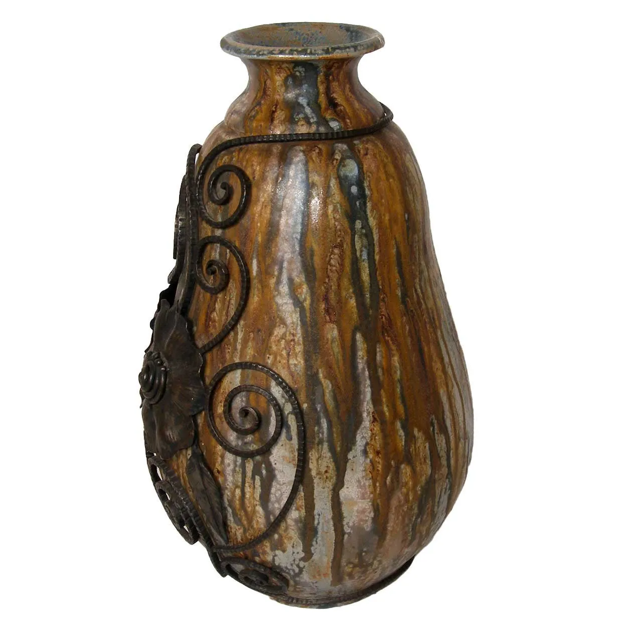 Belgian Art Deco ROGER GUERIN and F. CARION Iron and Stoneware Pottery Vase