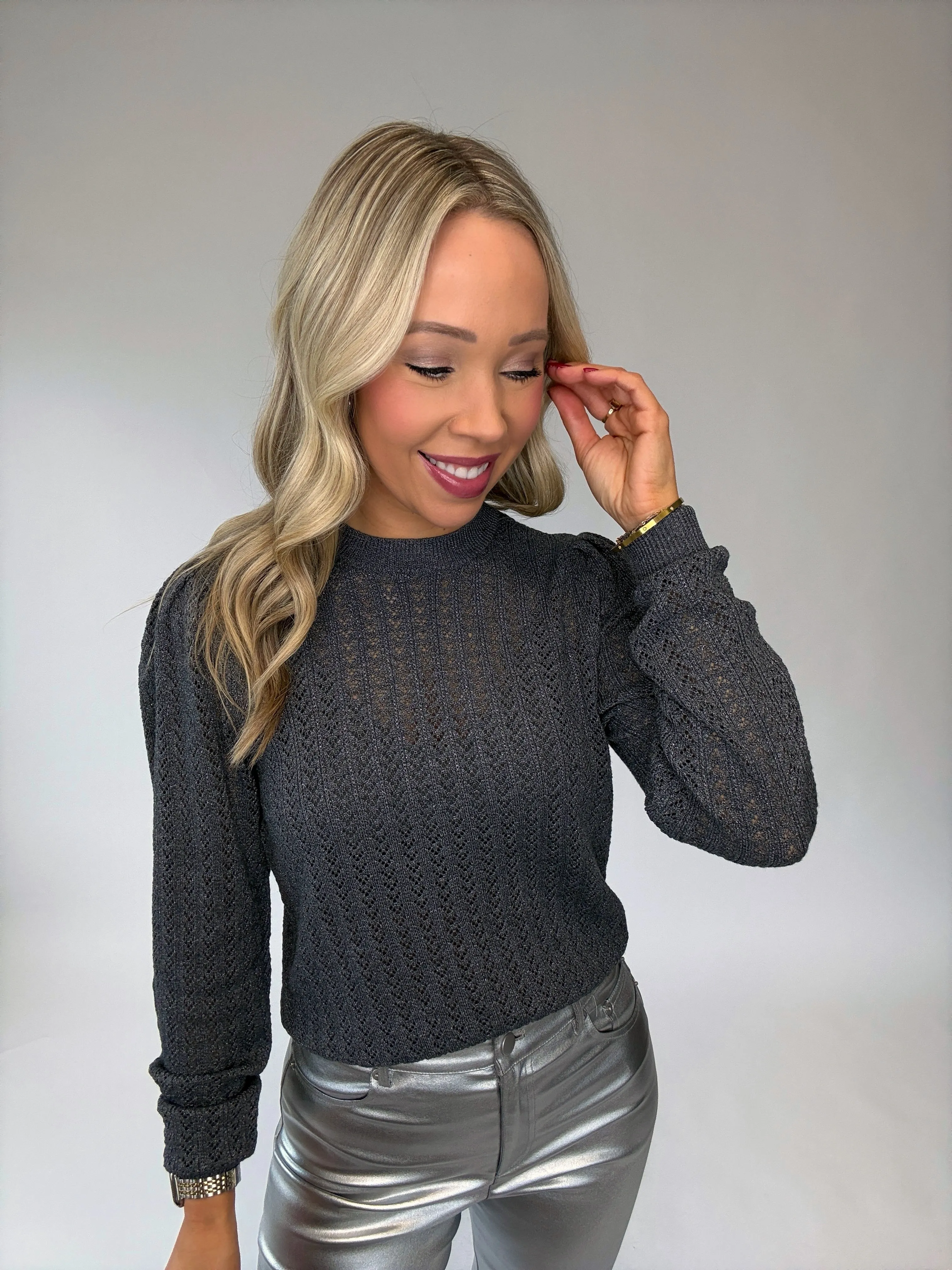 Bishop   Young Sienna Puff Sleeve Metallic Sweater - Chrome