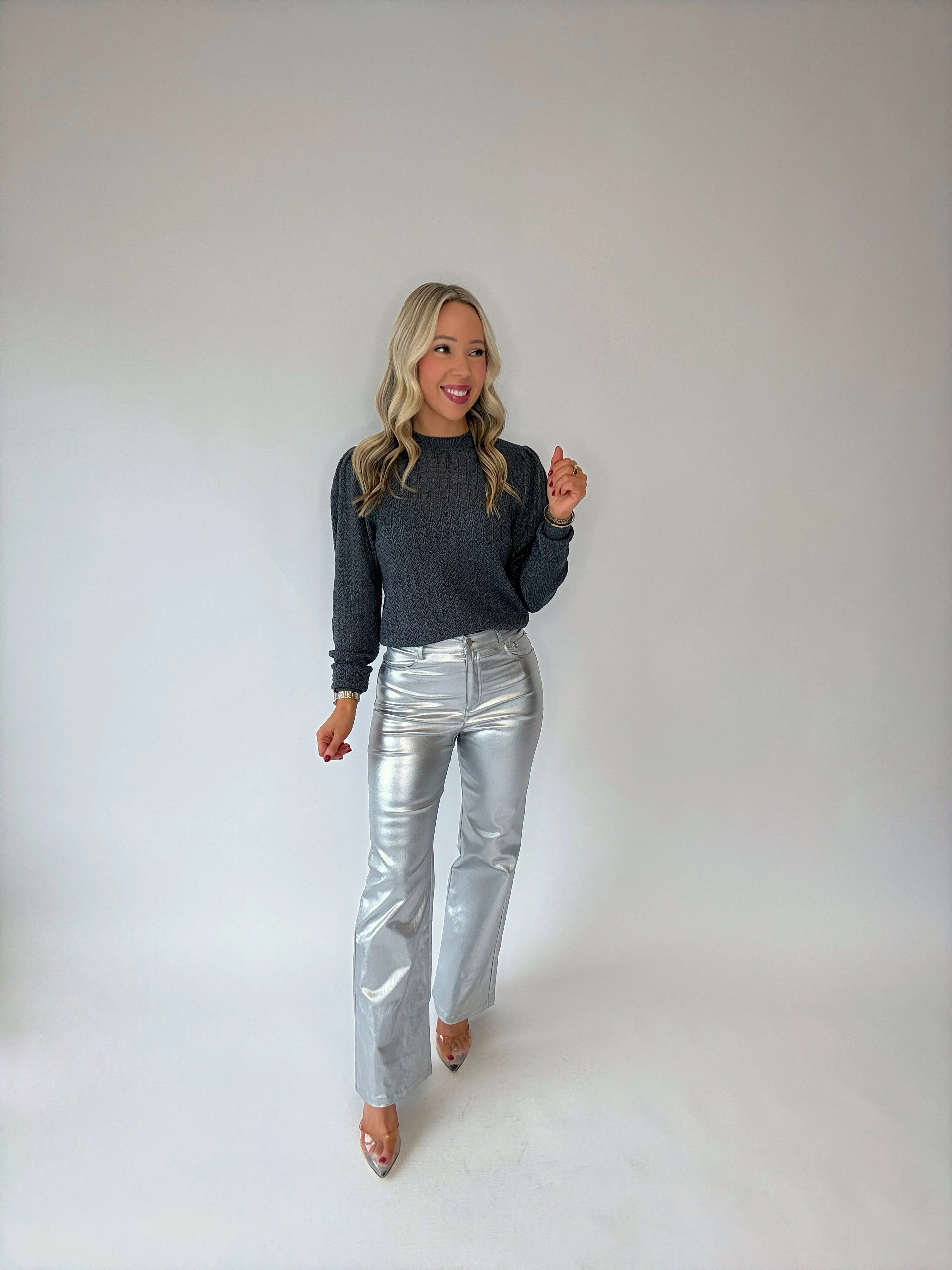 Bishop   Young Sienna Puff Sleeve Metallic Sweater - Chrome