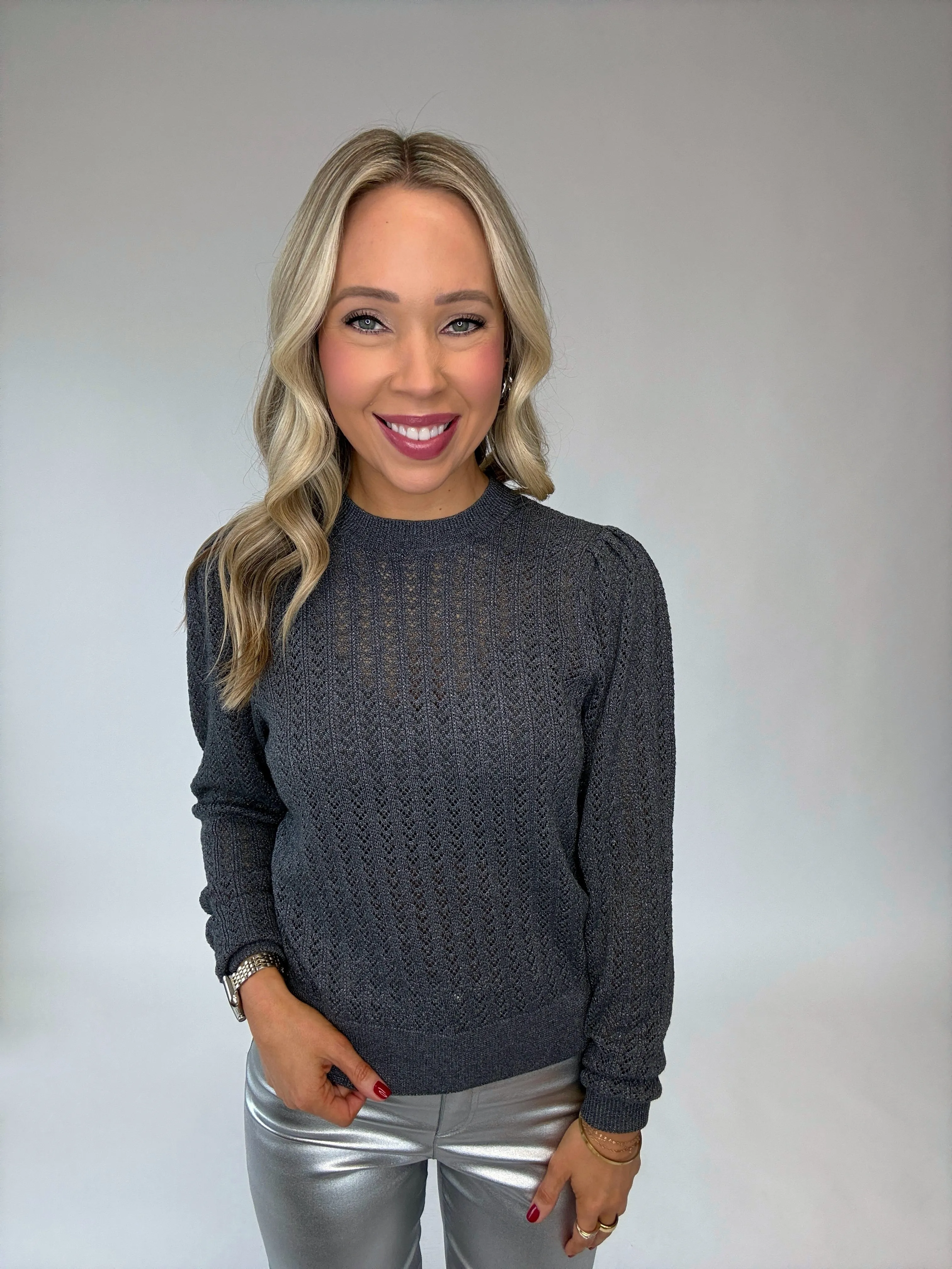 Bishop   Young Sienna Puff Sleeve Metallic Sweater - Chrome