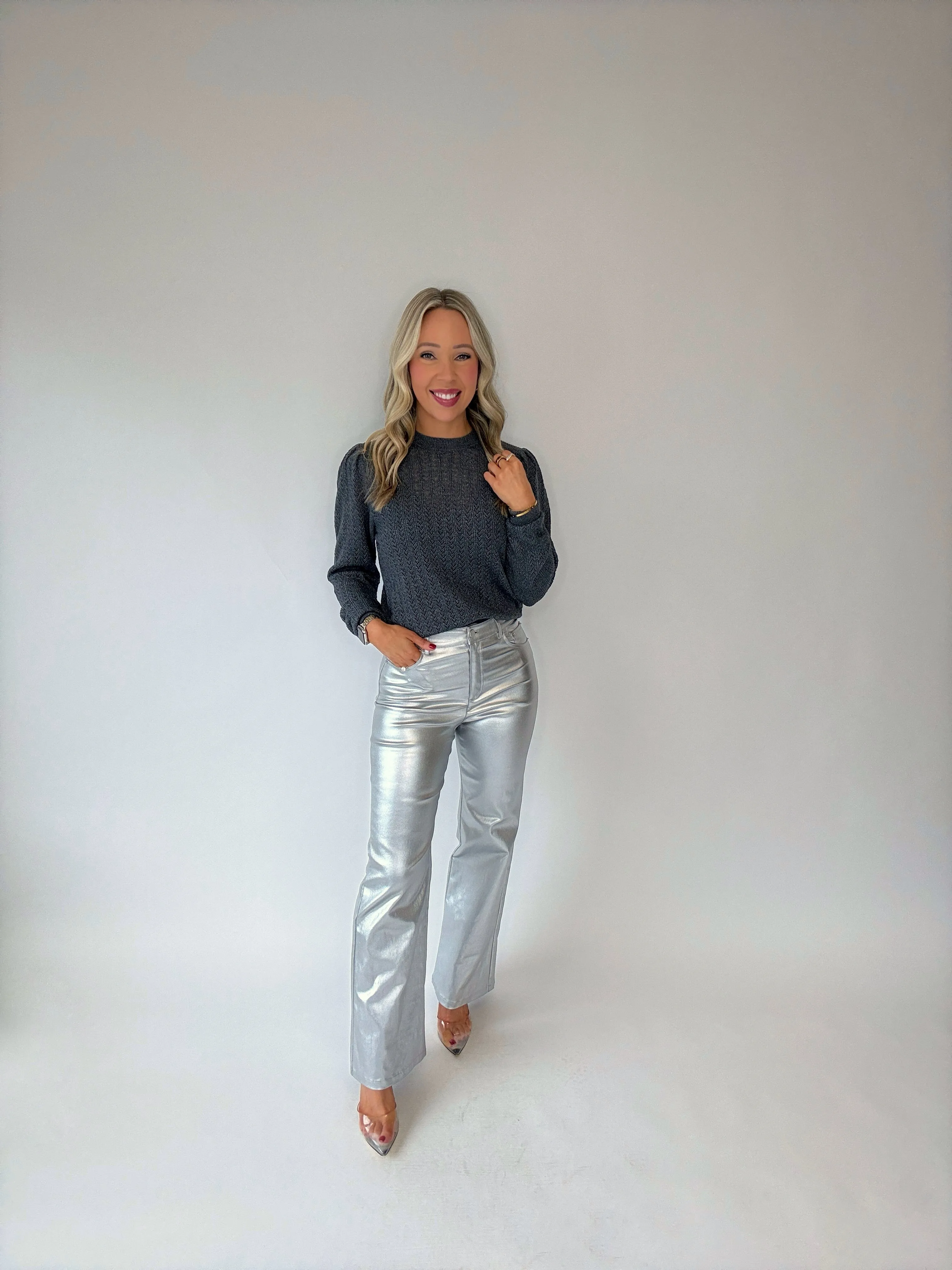 Bishop   Young Sienna Puff Sleeve Metallic Sweater - Chrome