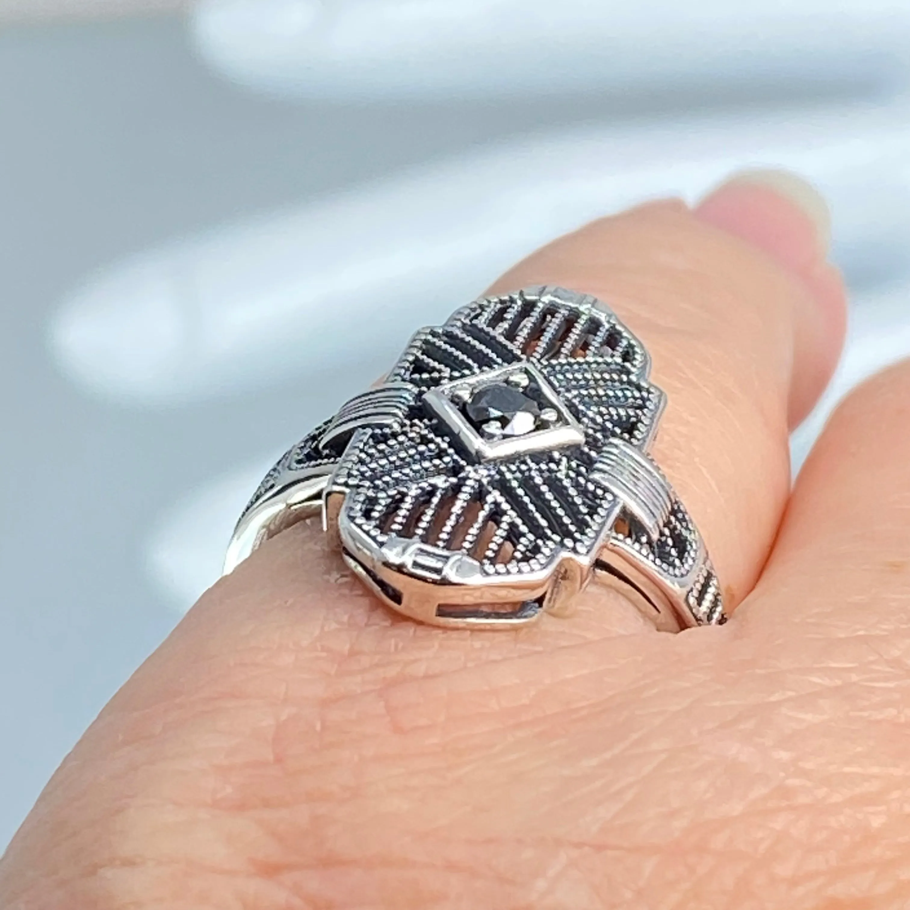 Black Moissanite Ring, Round Gem, Tuxedo, Art Deco Sterling Silver Filigree, D589