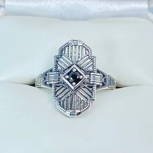 Black Moissanite Ring, Round Gem, Tuxedo, Art Deco Sterling Silver Filigree, D589