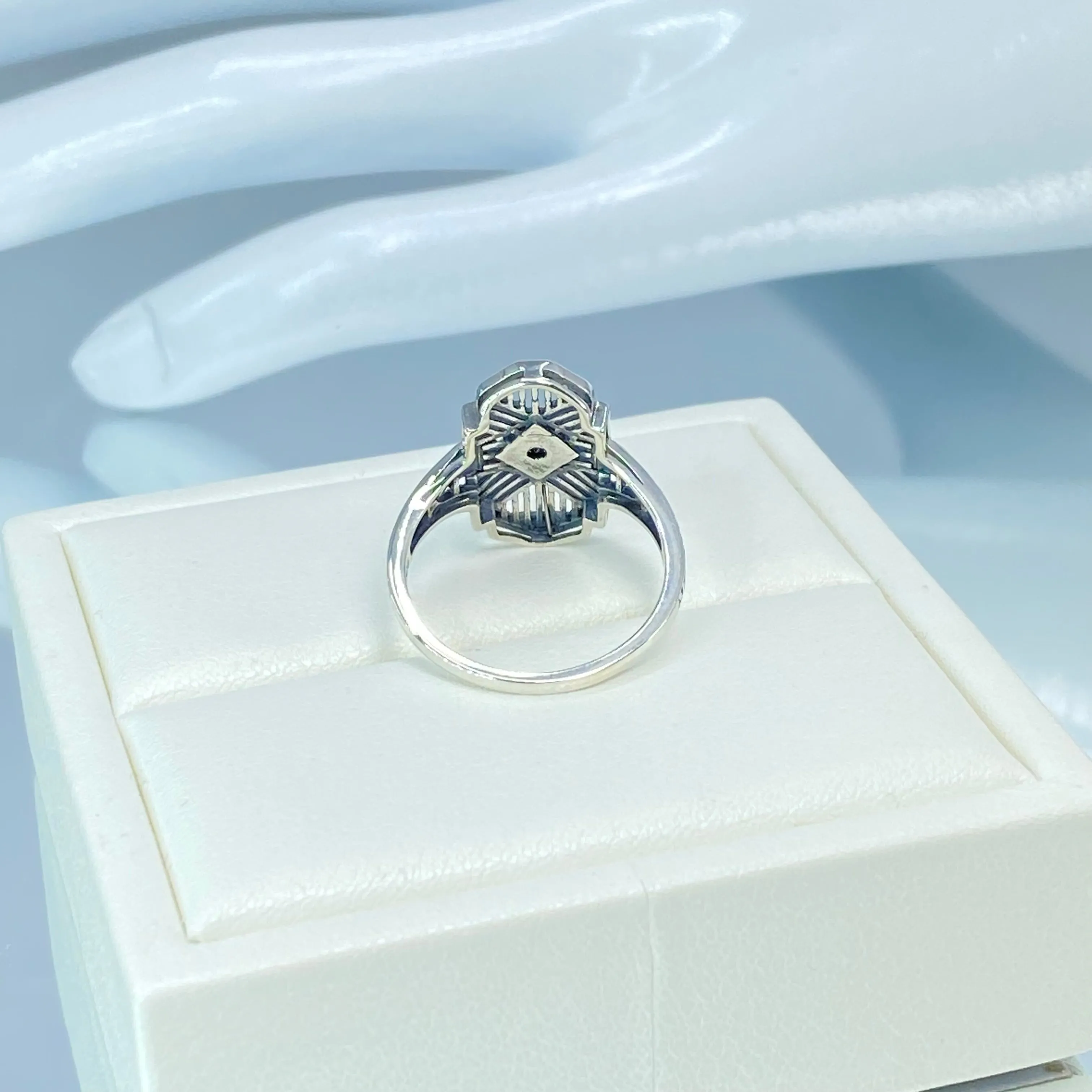 Black Moissanite Ring, Size 8, Round Gem, Tuxedo, Art Deco Sterling Silver Filigree, D589