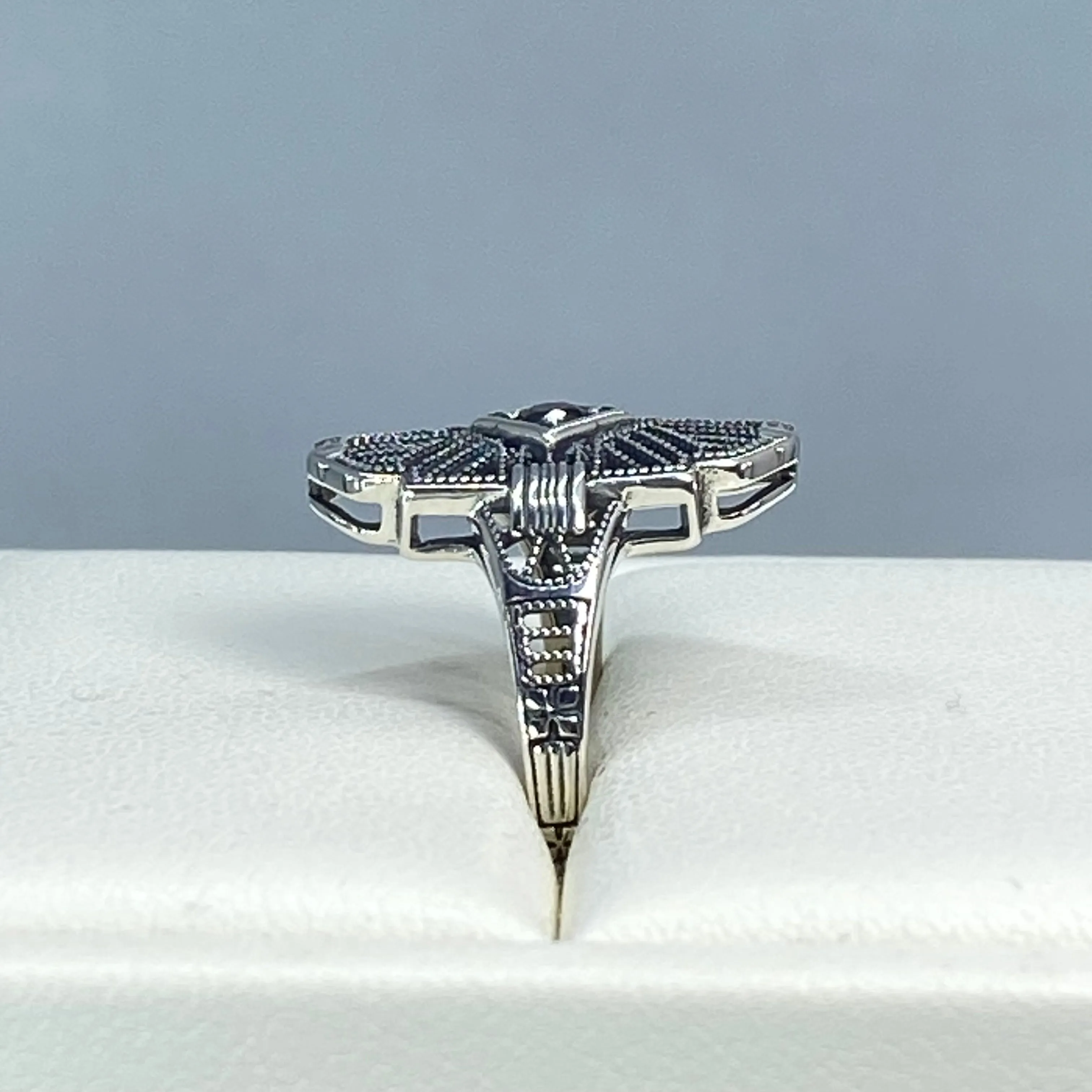 Black Moissanite Ring, Size 8, Round Gem, Tuxedo, Art Deco Sterling Silver Filigree, D589
