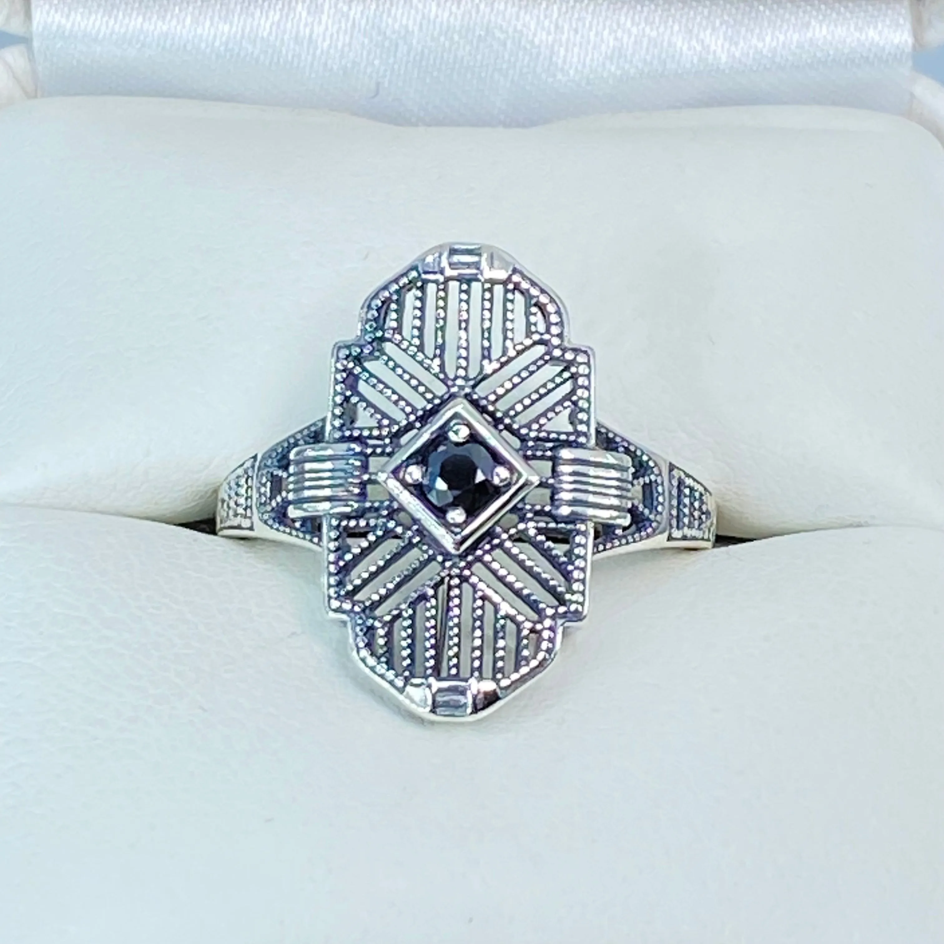 Black Moissanite Ring, Size 8, Round Gem, Tuxedo, Art Deco Sterling Silver Filigree, D589