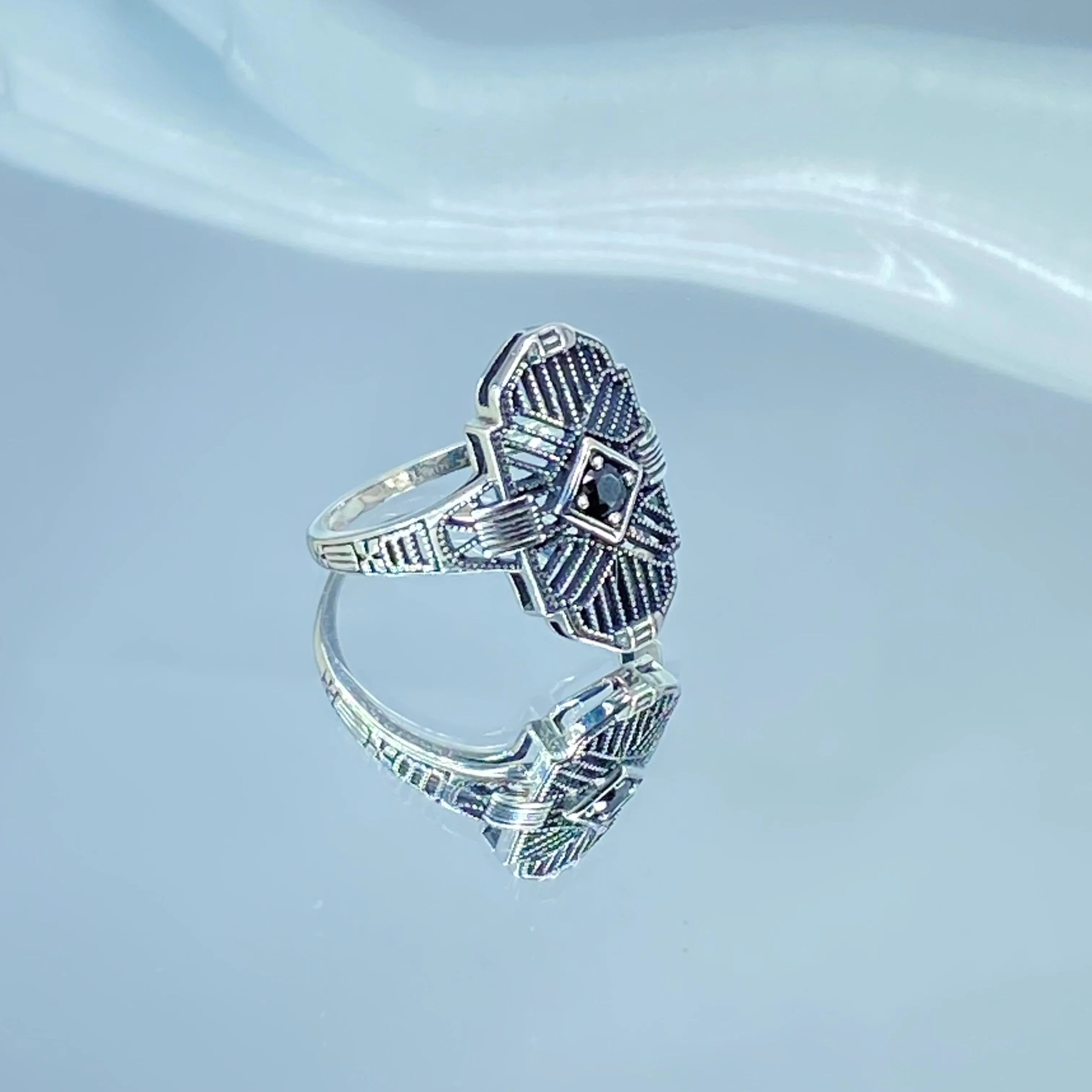 Black Moissanite Ring, Size 8, Round Gem, Tuxedo, Art Deco Sterling Silver Filigree, D589