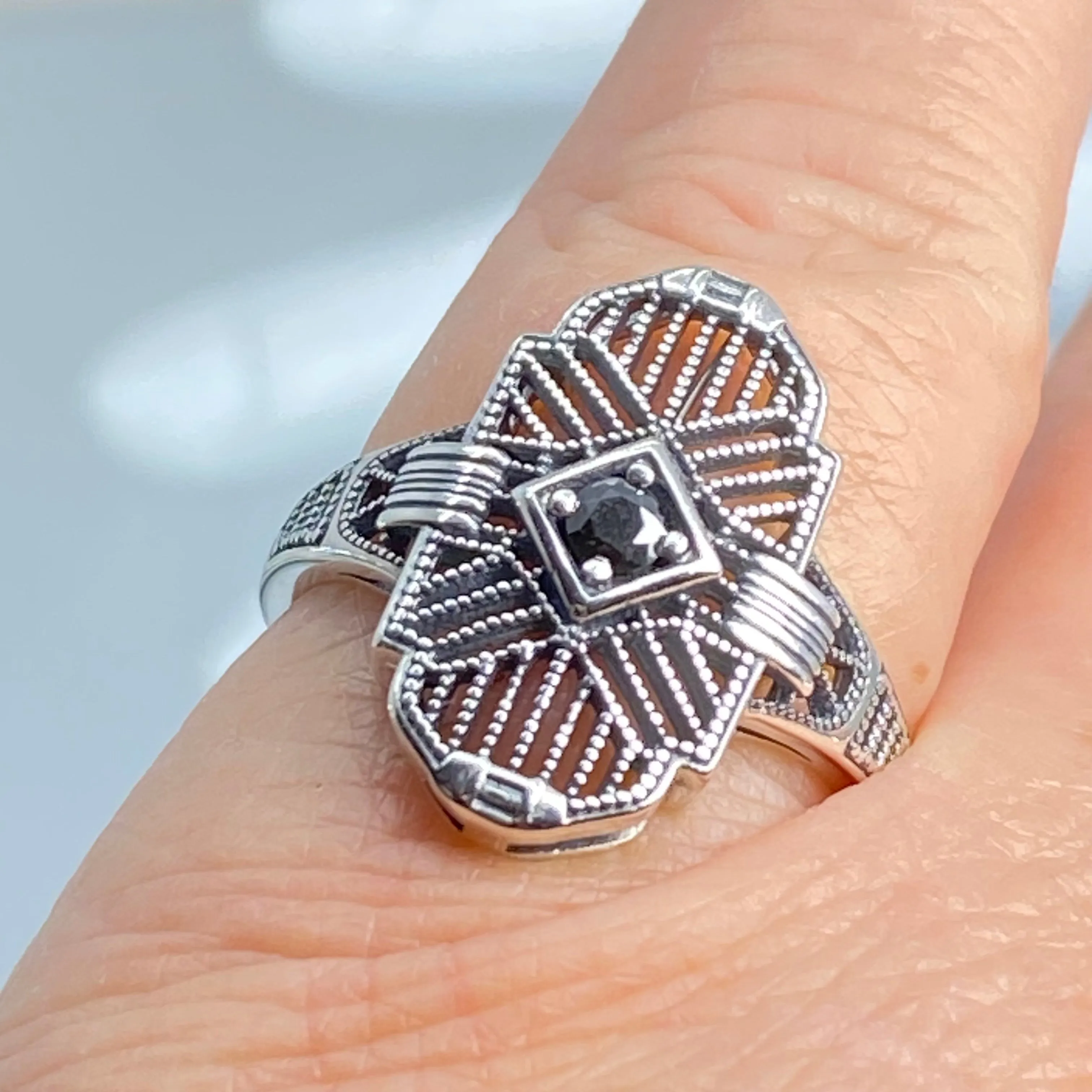 Black Moissanite Ring, Size 8, Round Gem, Tuxedo, Art Deco Sterling Silver Filigree, D589