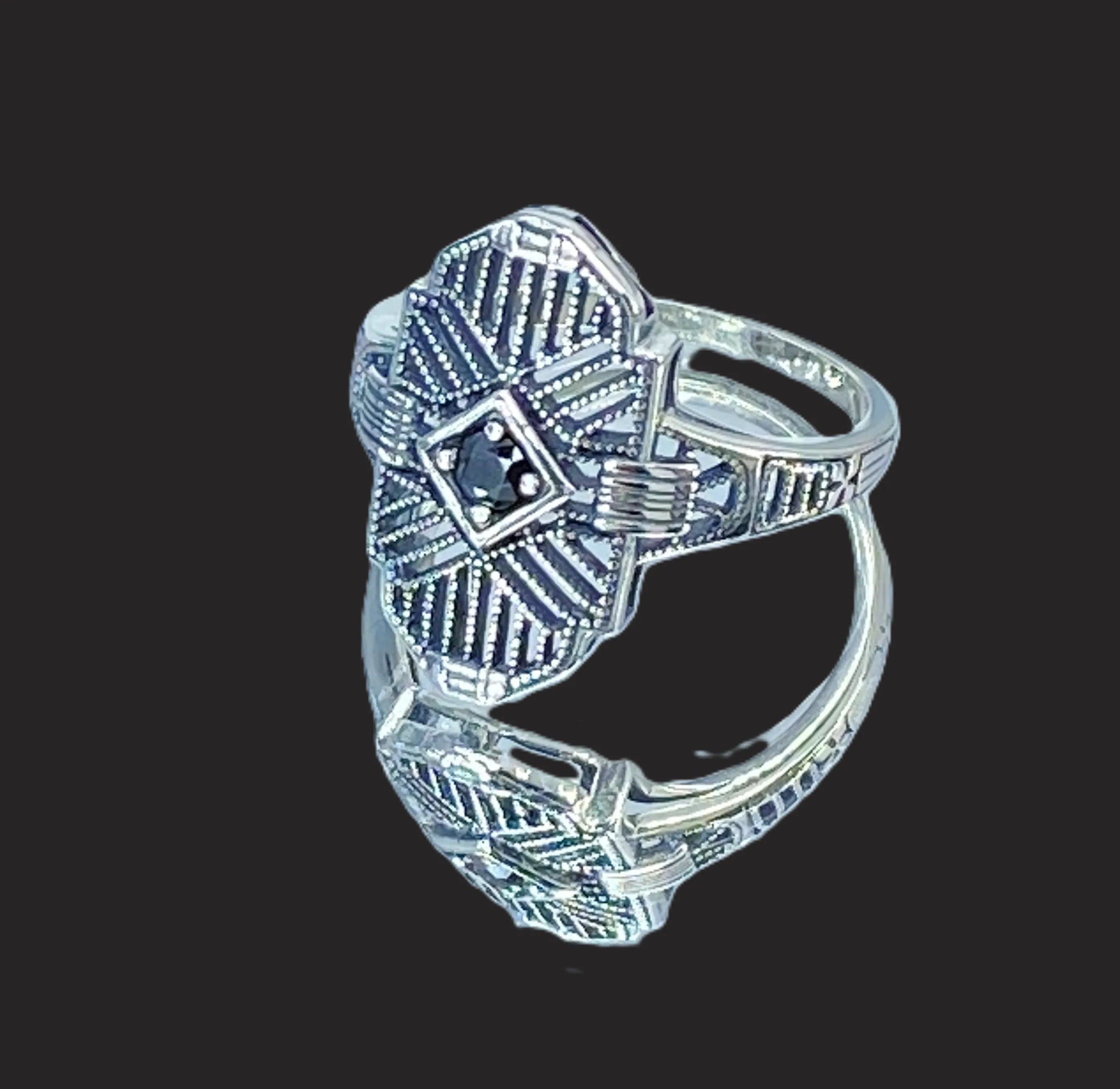 Black Moissanite Ring, Size 8, Round Gem, Tuxedo, Art Deco Sterling Silver Filigree, D589