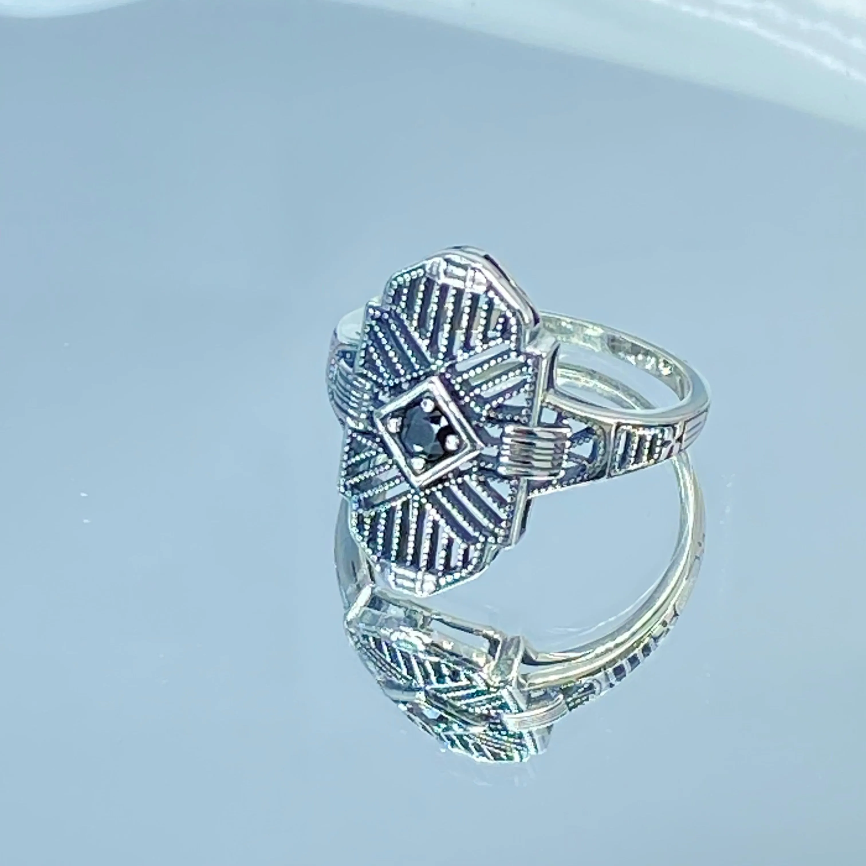 Black Moissanite Ring, Size 8, Round Gem, Tuxedo, Art Deco Sterling Silver Filigree, D589