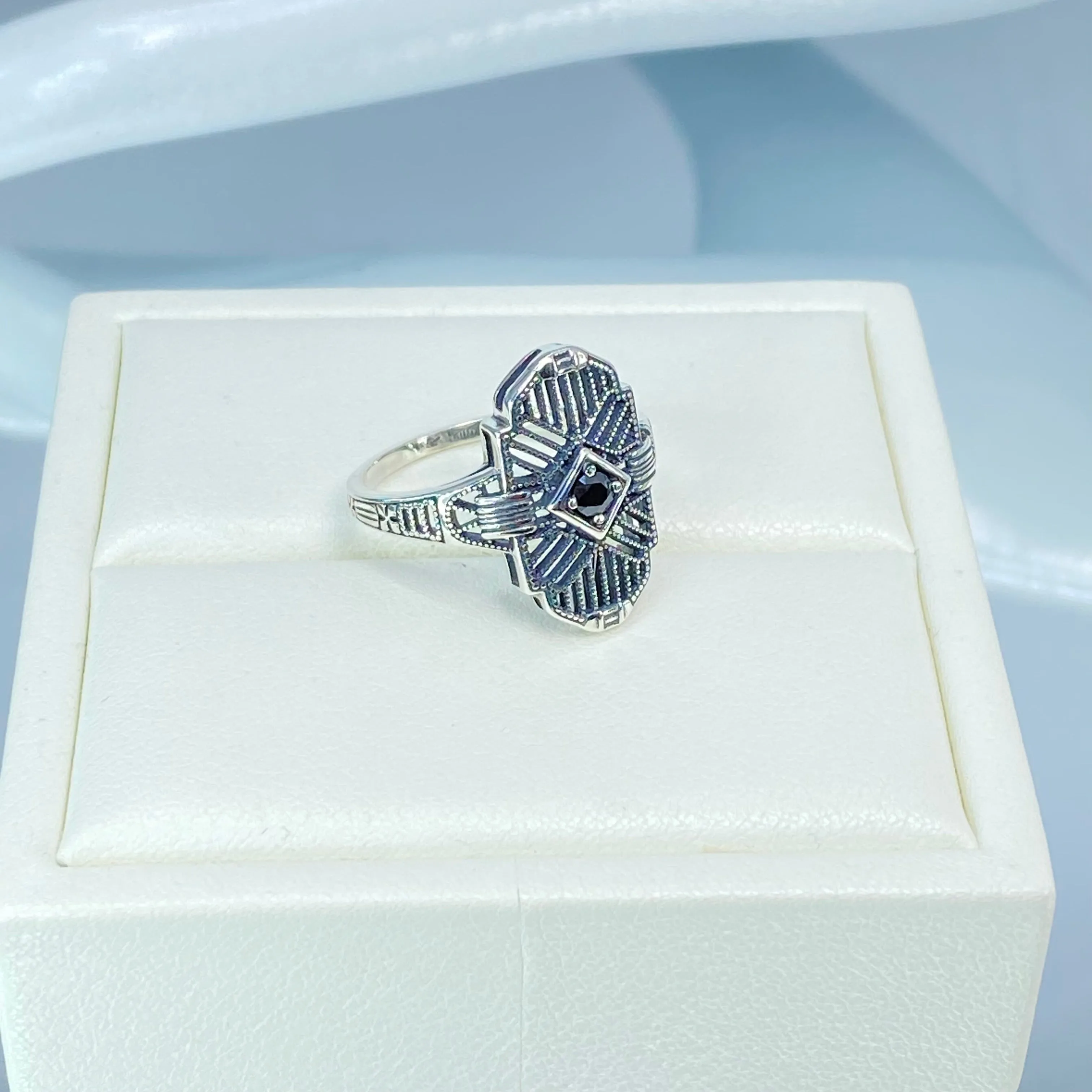 Black Moissanite Ring, Size 8, Round Gem, Tuxedo, Art Deco Sterling Silver Filigree, D589
