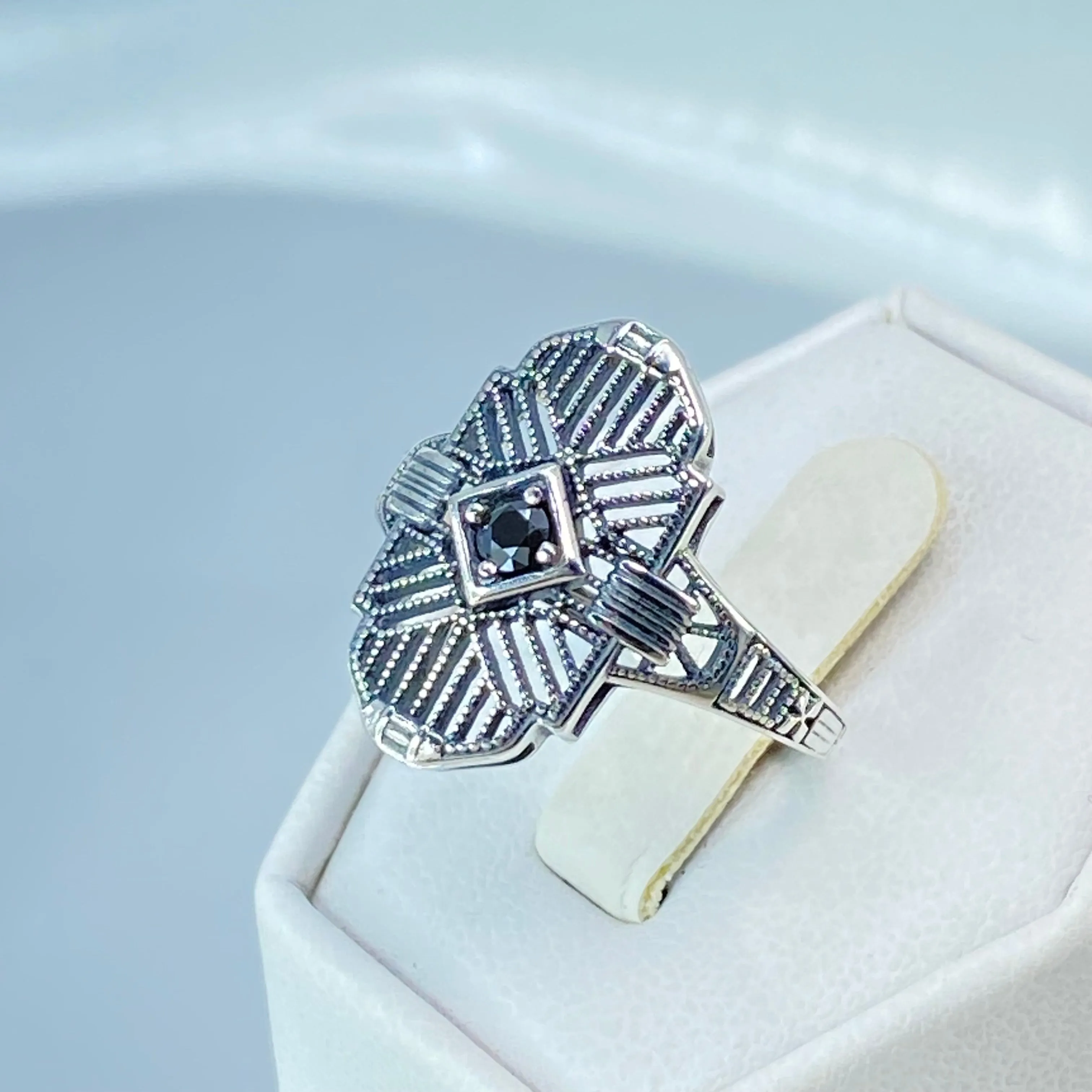 Black Moissanite Ring, Size 8, Round Gem, Tuxedo, Art Deco Sterling Silver Filigree, D589