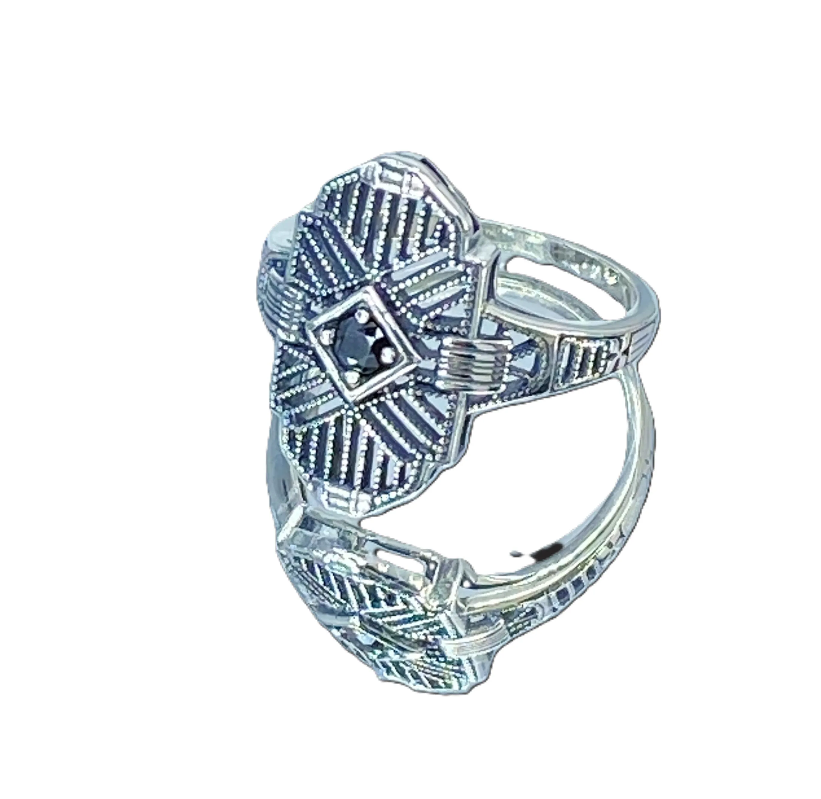Black Moissanite Ring, Size 8, Round Gem, Tuxedo, Art Deco Sterling Silver Filigree, D589