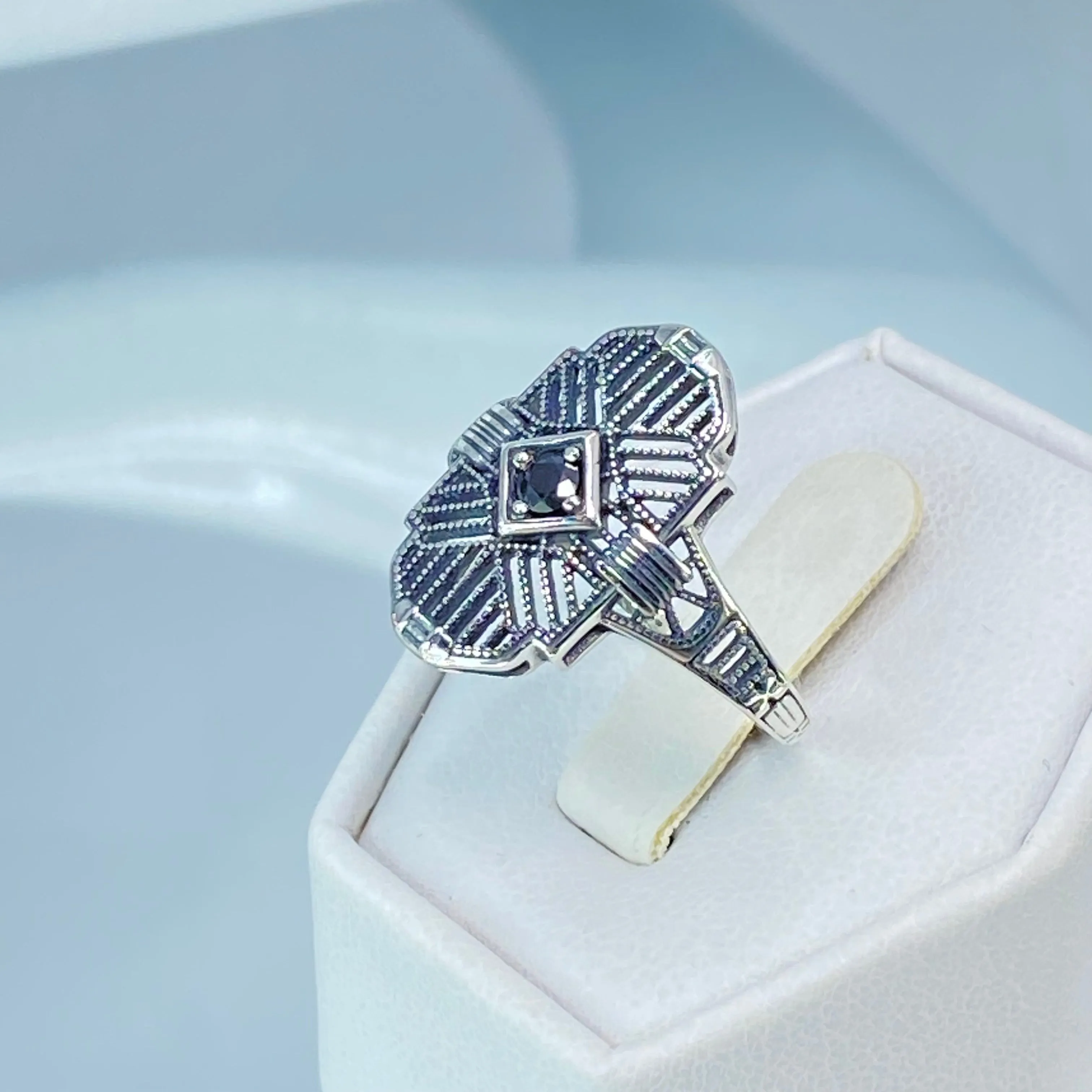 Black Moissanite Ring, Size 8, Round Gem, Tuxedo, Art Deco Sterling Silver Filigree, D589