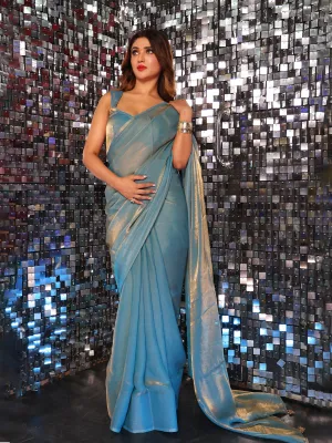 Blue Copper Metallic Satin Saree with Pendants and Blouse Fabric