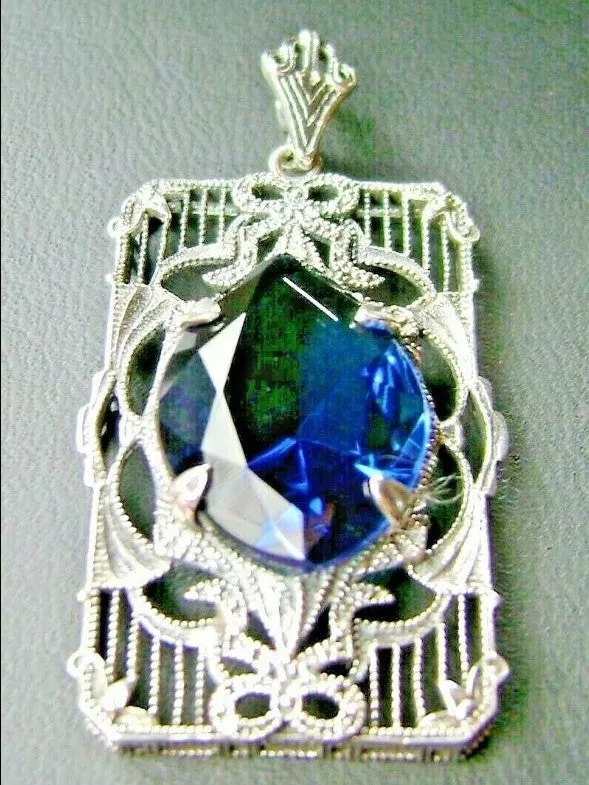 Blue Sapphire Pendant, Art Deco Sterling Silver Filigree Jewelry, P24