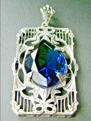 Blue Sapphire Pendant, Art Deco Sterling Silver Filigree Jewelry, P24