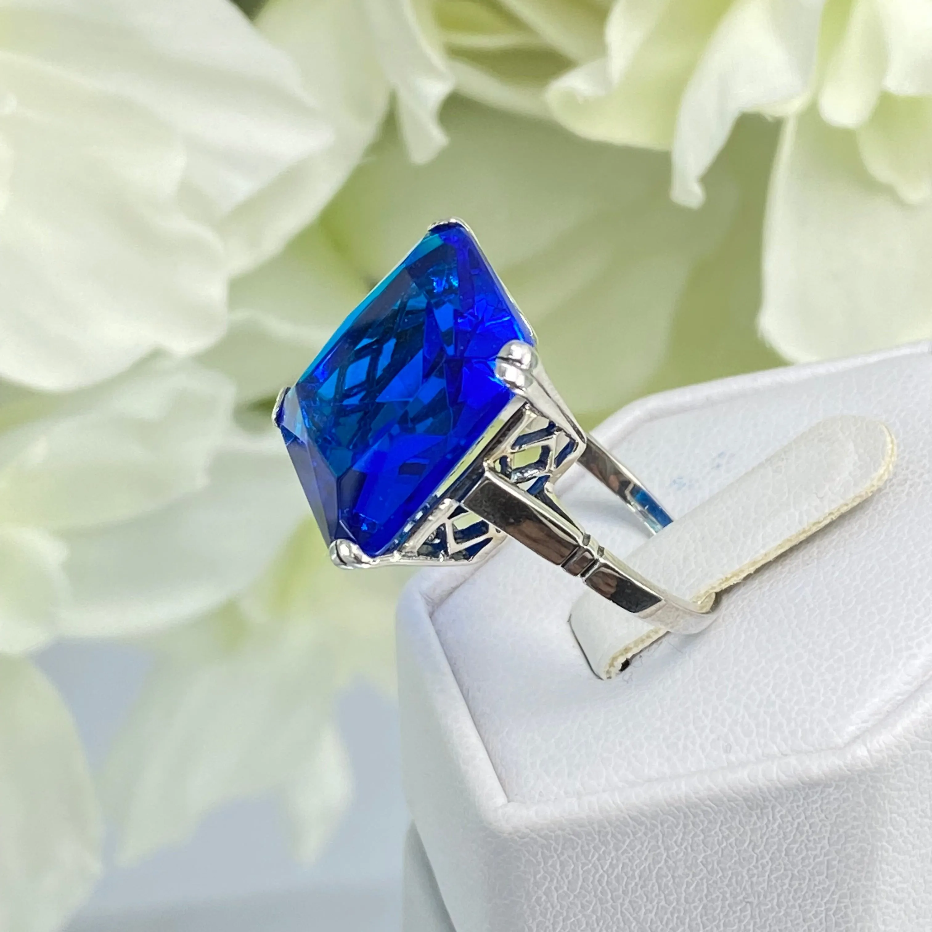 Blue Sapphire Ring, Size 8, 20ct Big Huge Square Gem, Vintage Jewelry #D1 - Ready to Ship