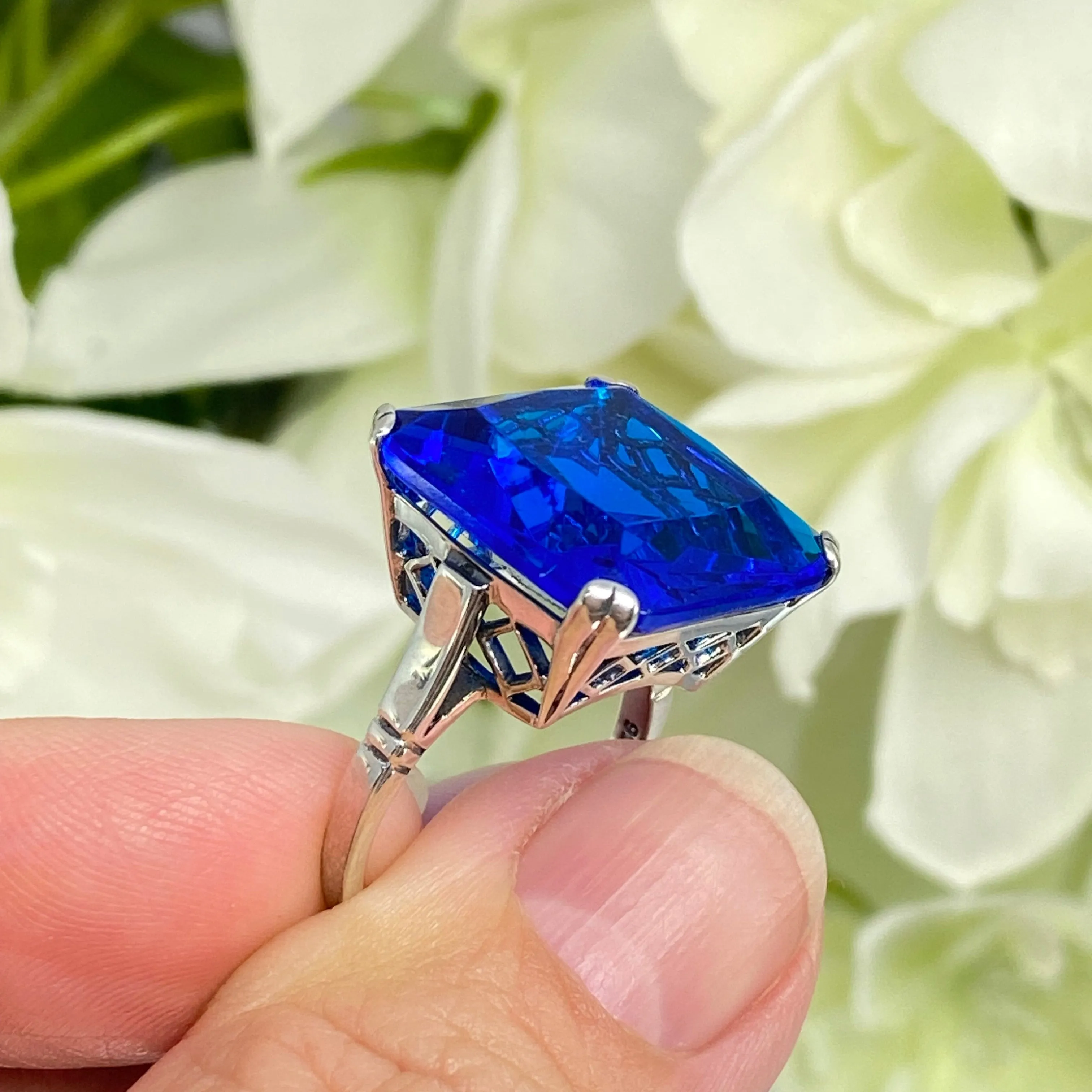Blue Sapphire Ring, Size 8, 20ct Big Huge Square Gem, Vintage Jewelry #D1 - Ready to Ship