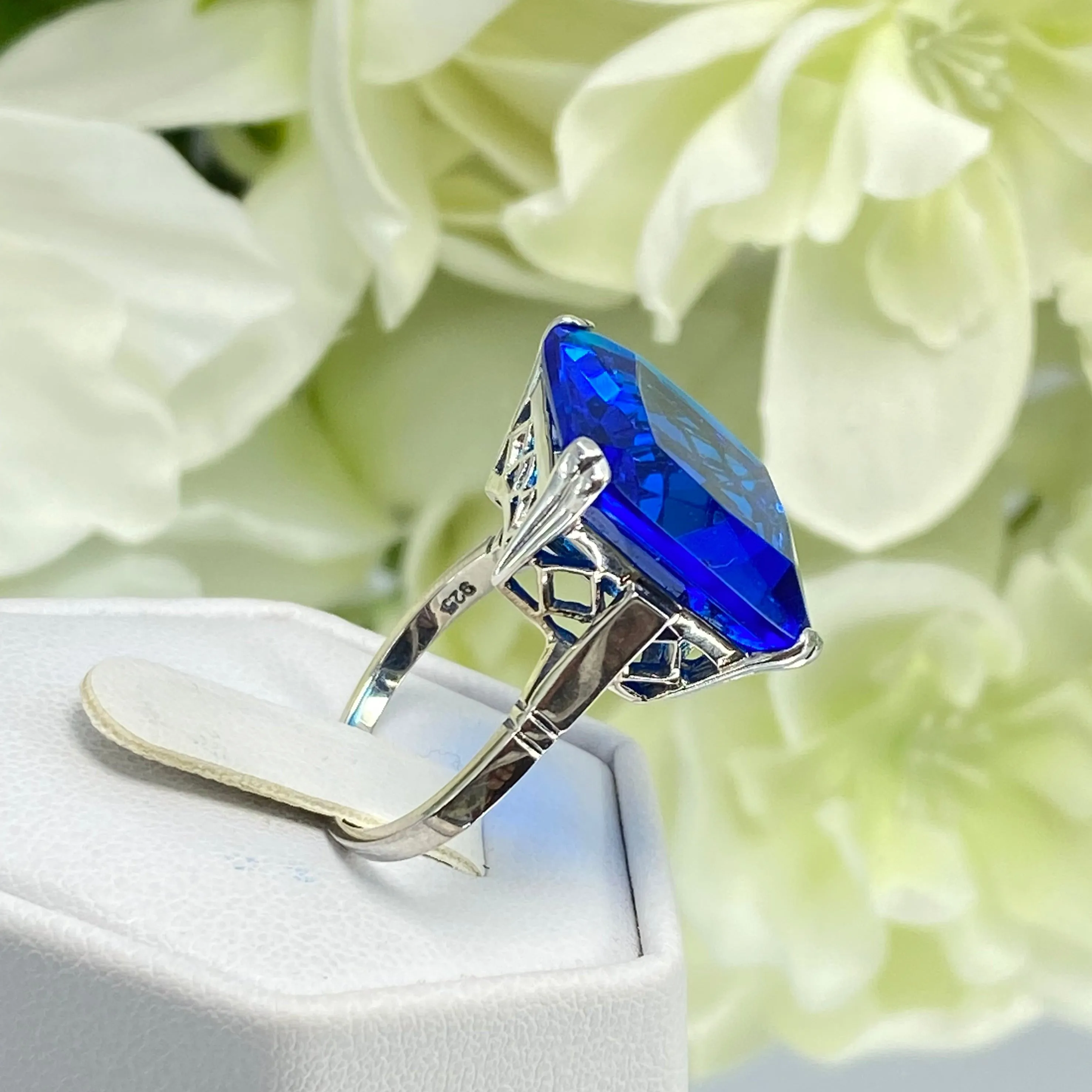 Blue Sapphire Ring, Size 8, 20ct Big Huge Square Gem, Vintage Jewelry #D1 - Ready to Ship