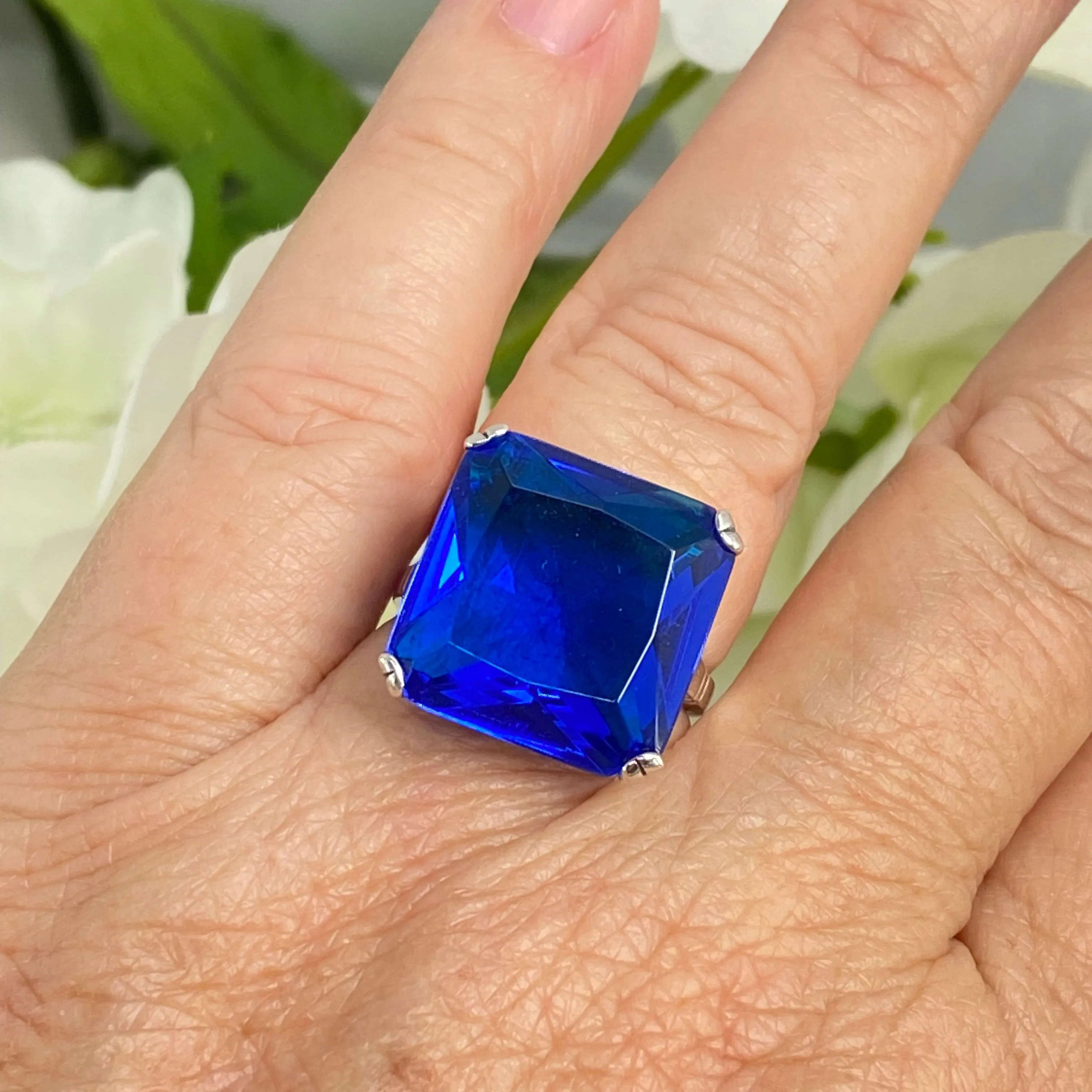 Blue Sapphire Ring, Size 8, 20ct Big Huge Square Gem, Vintage Jewelry #D1 - Ready to Ship