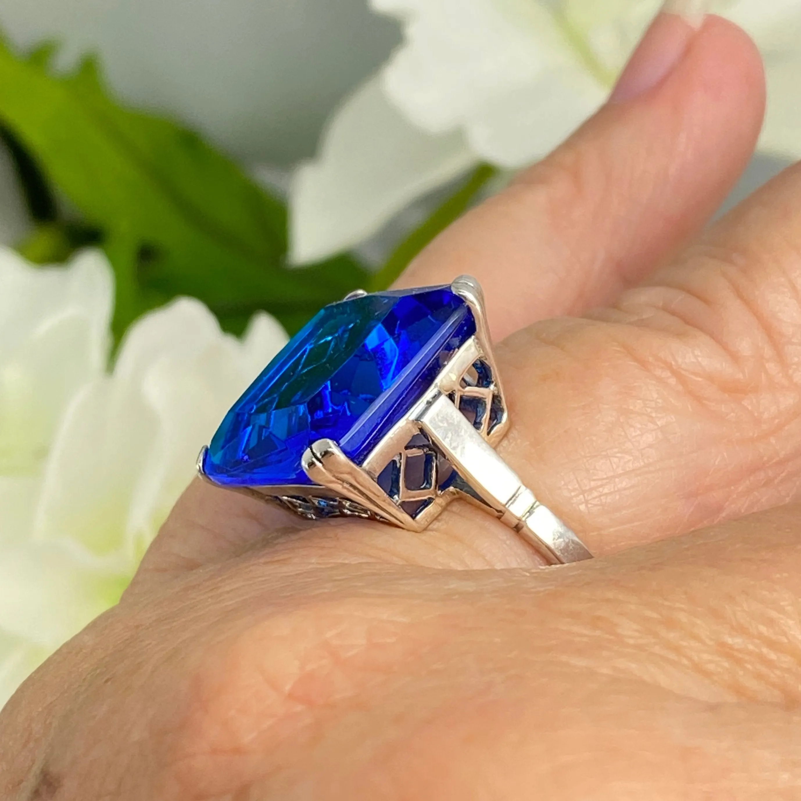 Blue Sapphire Ring, Size 8, 20ct Big Huge Square Gem, Vintage Jewelry #D1 - Ready to Ship