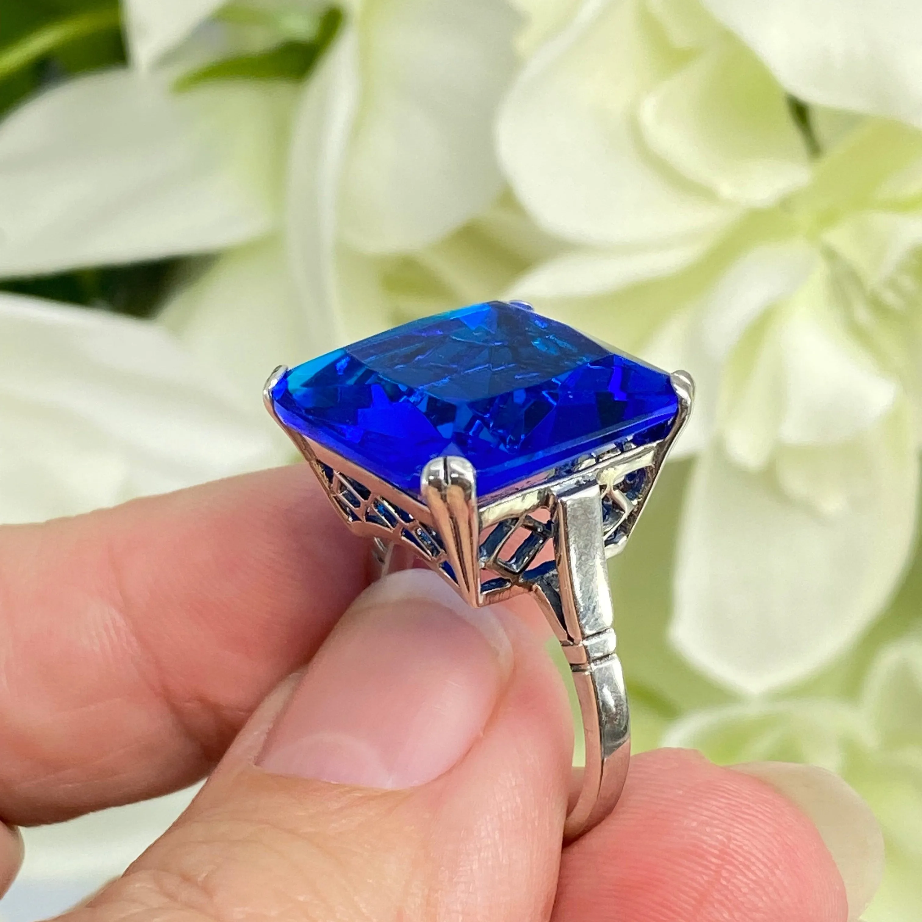 Blue Sapphire Ring, Size 8, 20ct Big Huge Square Gem, Vintage Jewelry #D1 - Ready to Ship