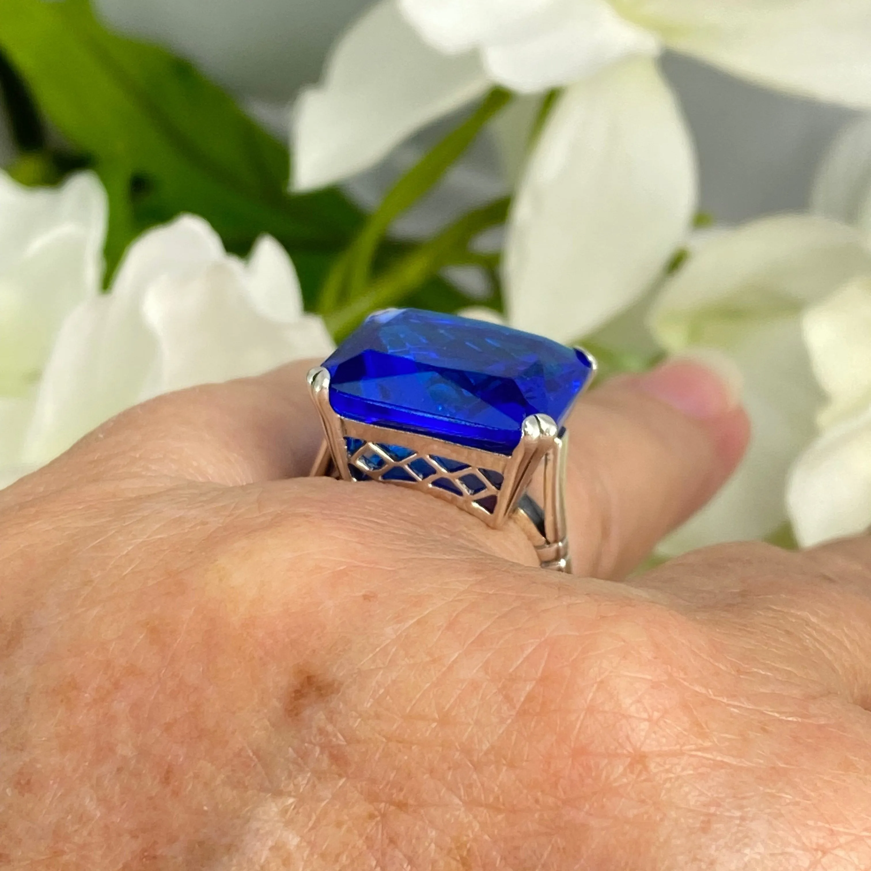 Blue Sapphire Ring, Size 8, 20ct Big Huge Square Gem, Vintage Jewelry #D1 - Ready to Ship