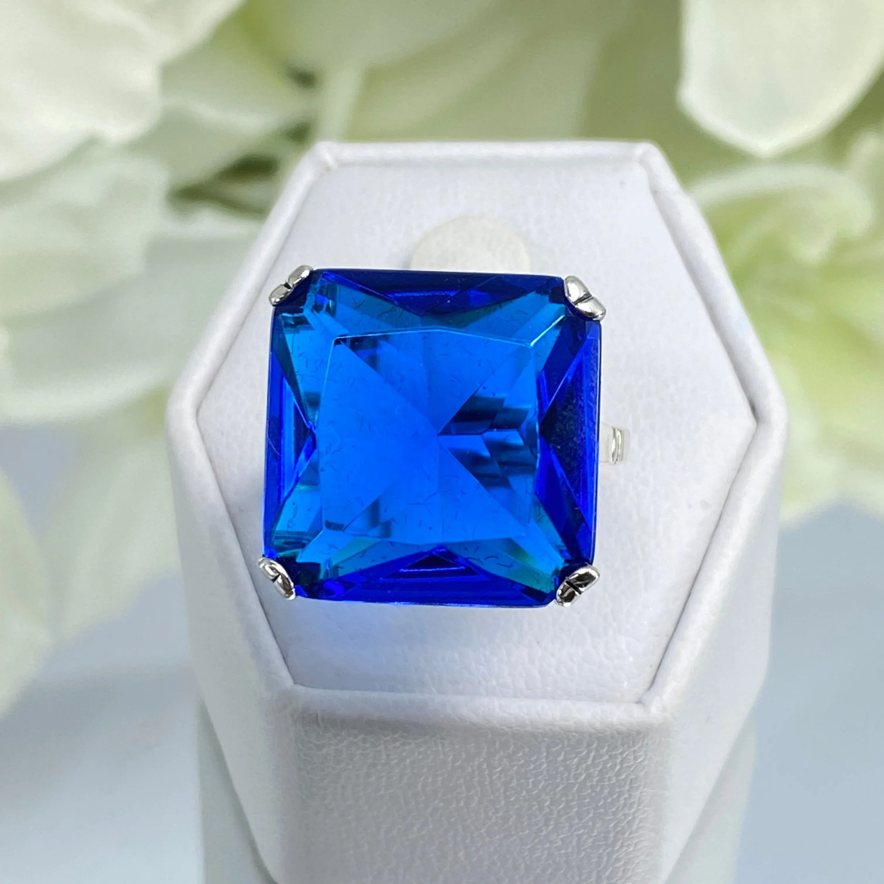 Blue Sapphire Ring, Size 8, 20ct Big Huge Square Gem, Vintage Jewelry #D1 - Ready to Ship
