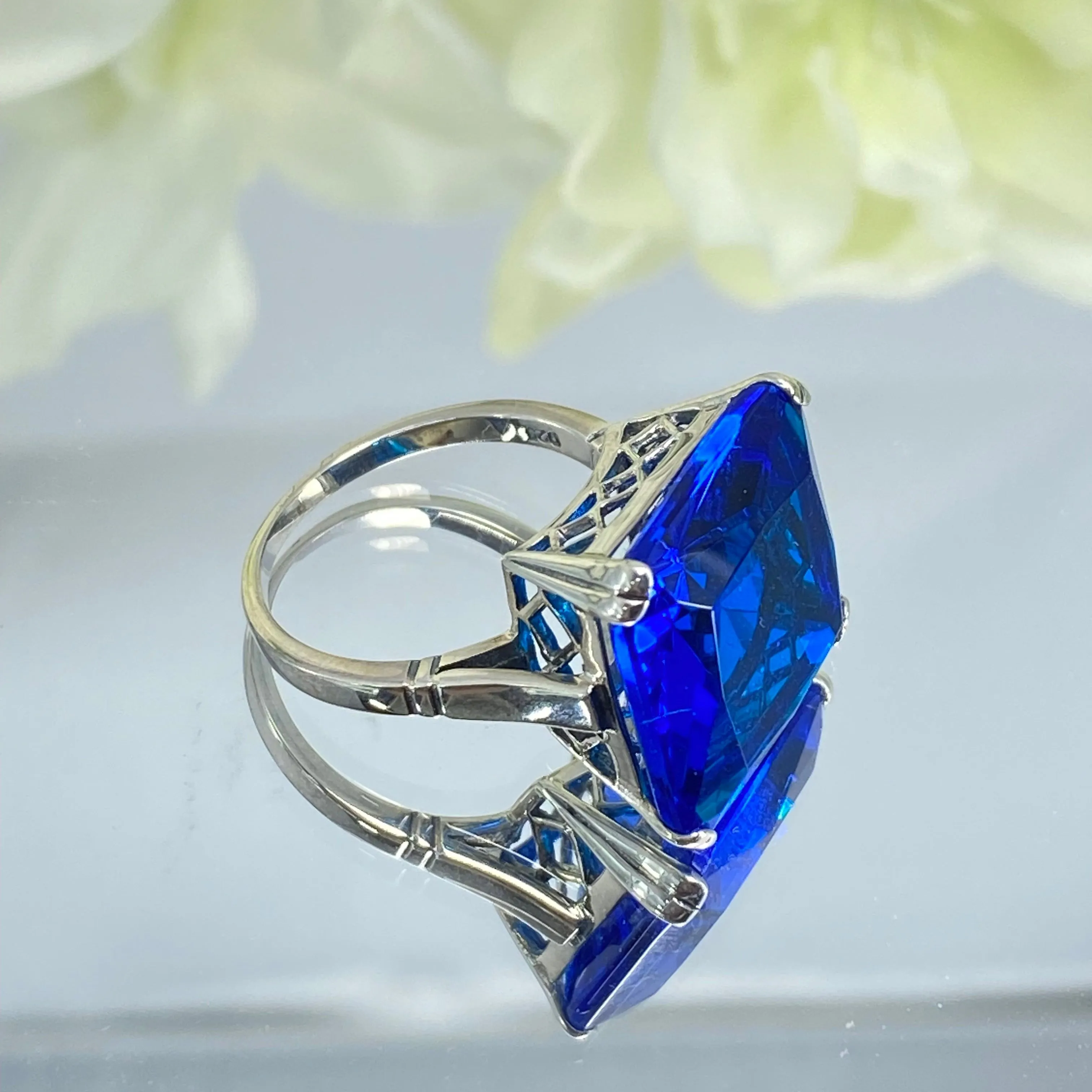 Blue Sapphire Ring, Size 8, 20ct Big Huge Square Gem, Vintage Jewelry #D1 - Ready to Ship
