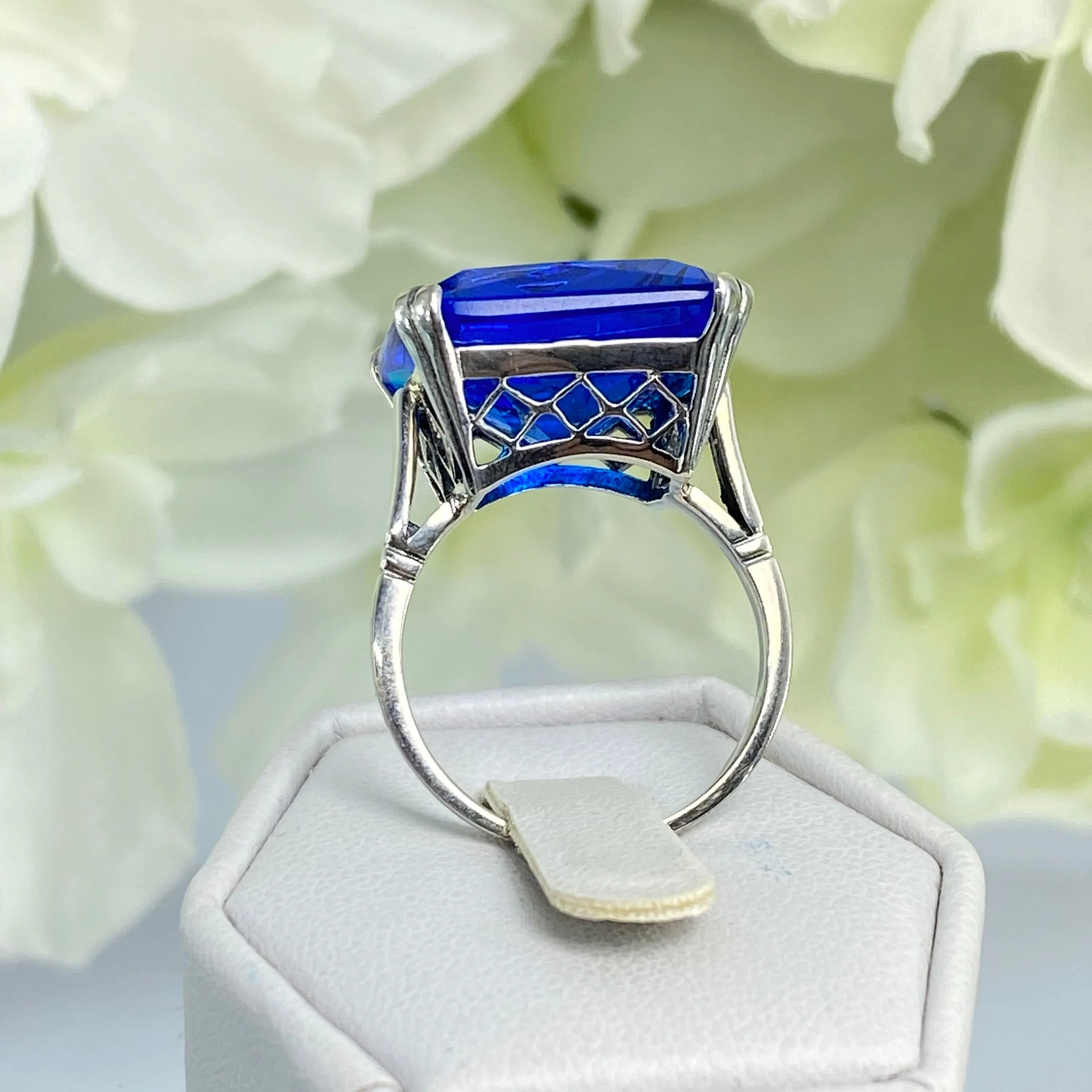Blue Sapphire Ring, Size 8, 20ct Big Huge Square Gem, Vintage Jewelry #D1 - Ready to Ship
