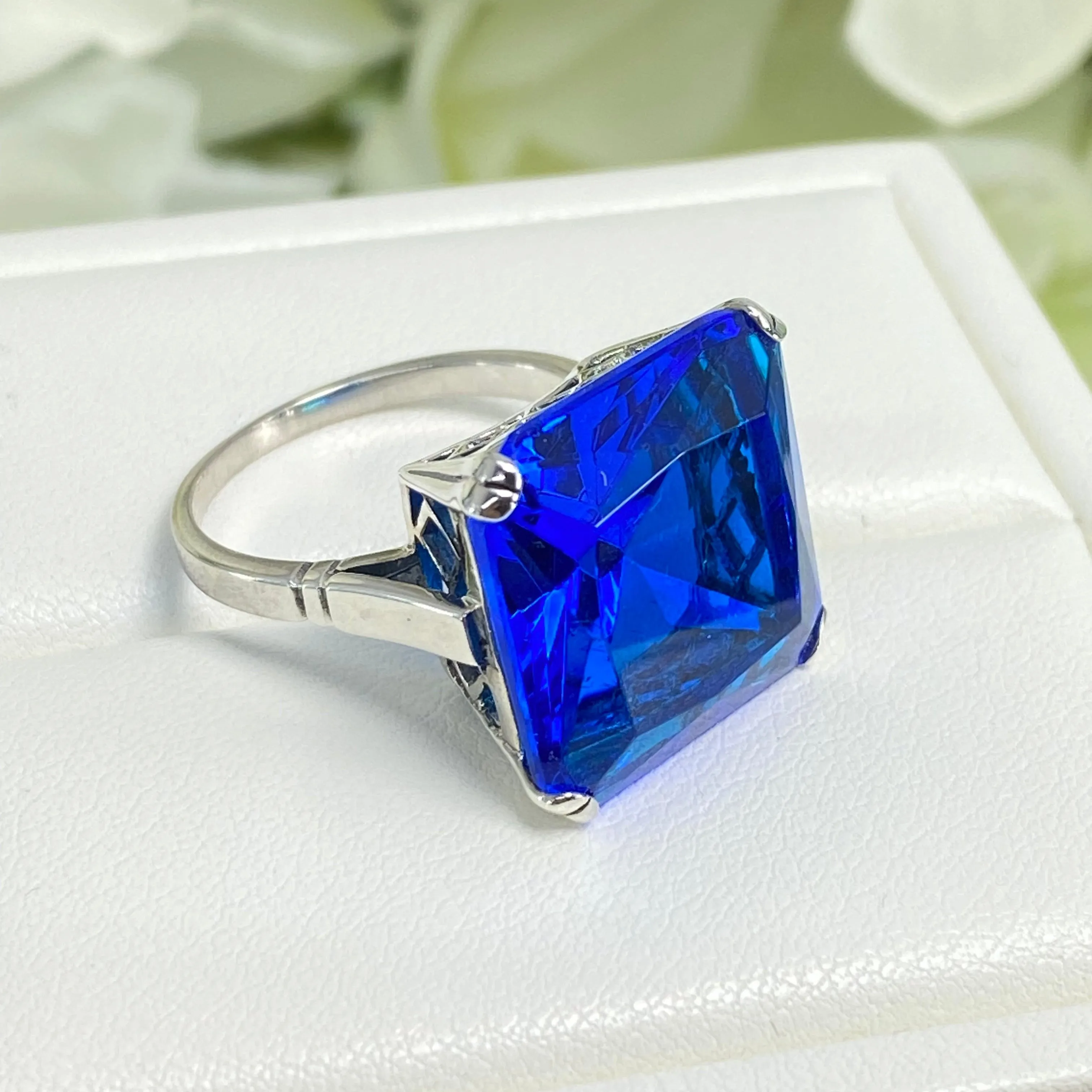 Blue Sapphire Ring, Size 8, 20ct Big Huge Square Gem, Vintage Jewelry #D1 - Ready to Ship