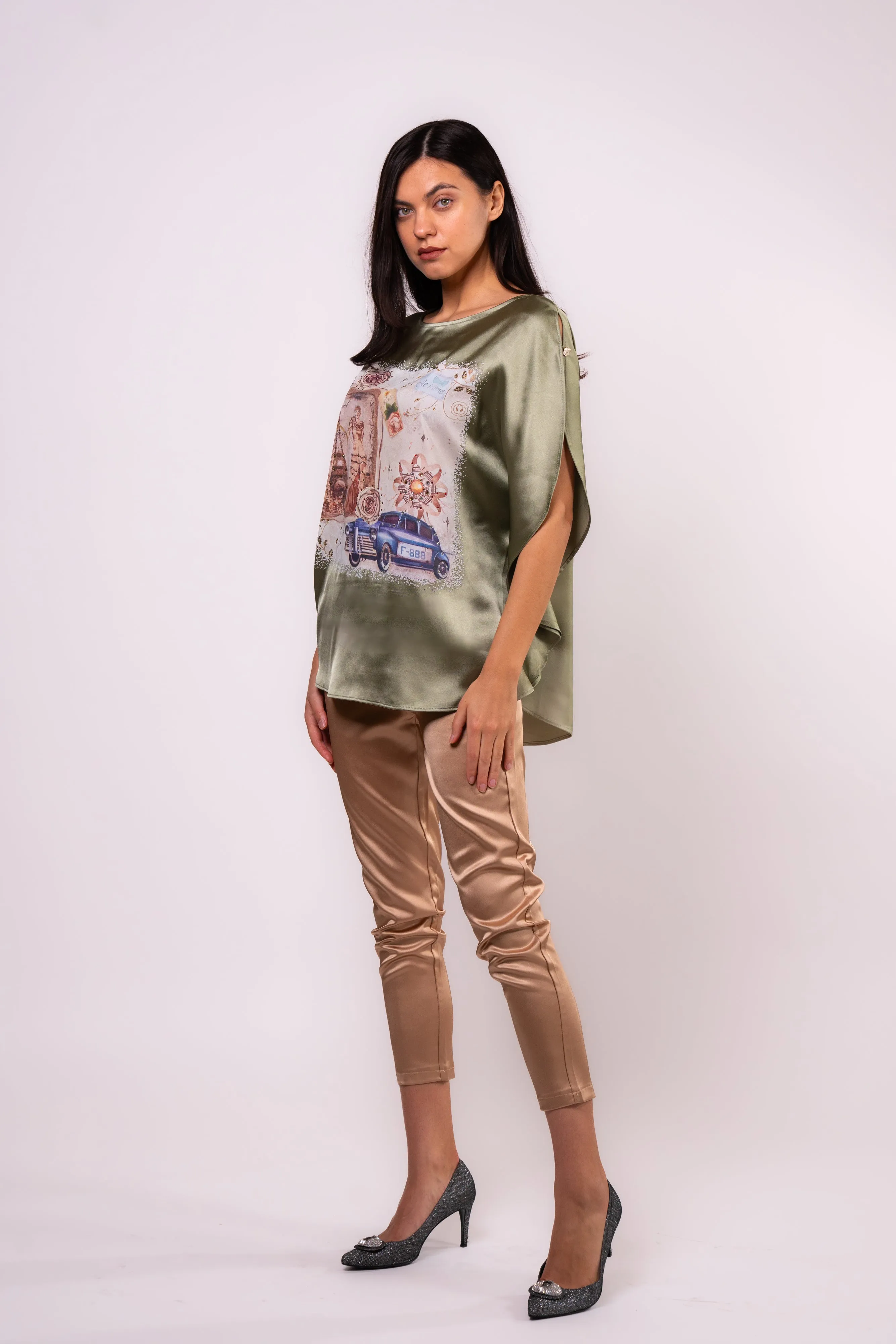 Brangio Vintage Parisian Elegance Silk Top – Olive Green