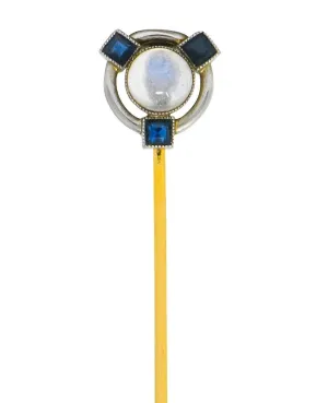 Brassler & Co. 1920 Art Deco Moonstone Sapphire Platinum Stickpin