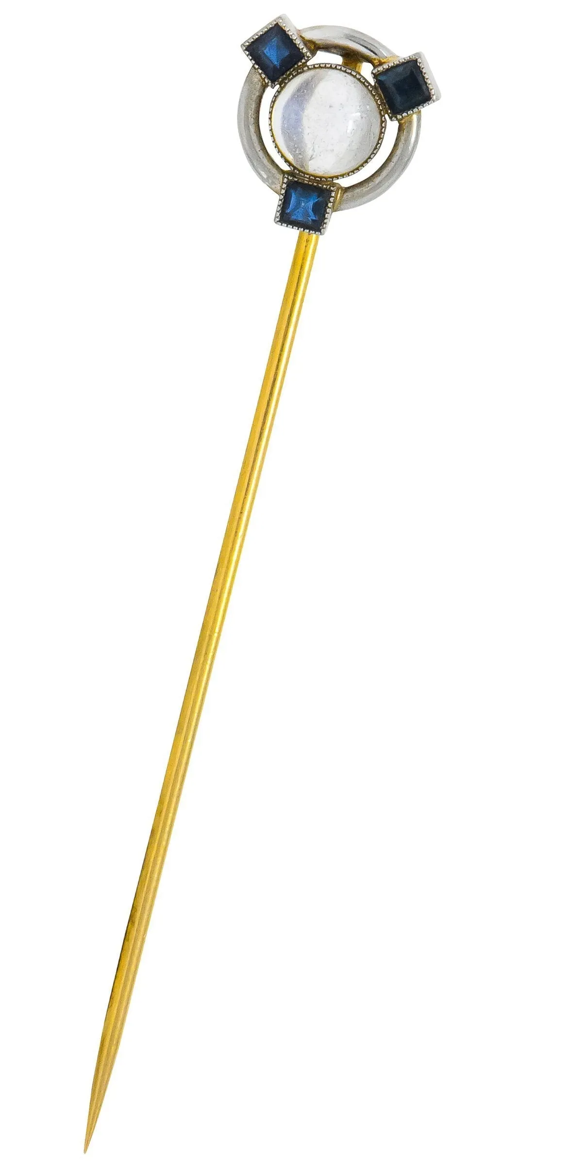 Brassler & Co. 1920 Art Deco Moonstone Sapphire Platinum Stickpin