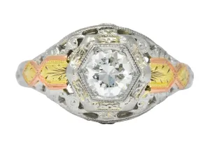 Bud & Blossom Art Deco 0.42 CTW Diamond 14 Karat Tri-Colored Gold Vintage Engagement Ring