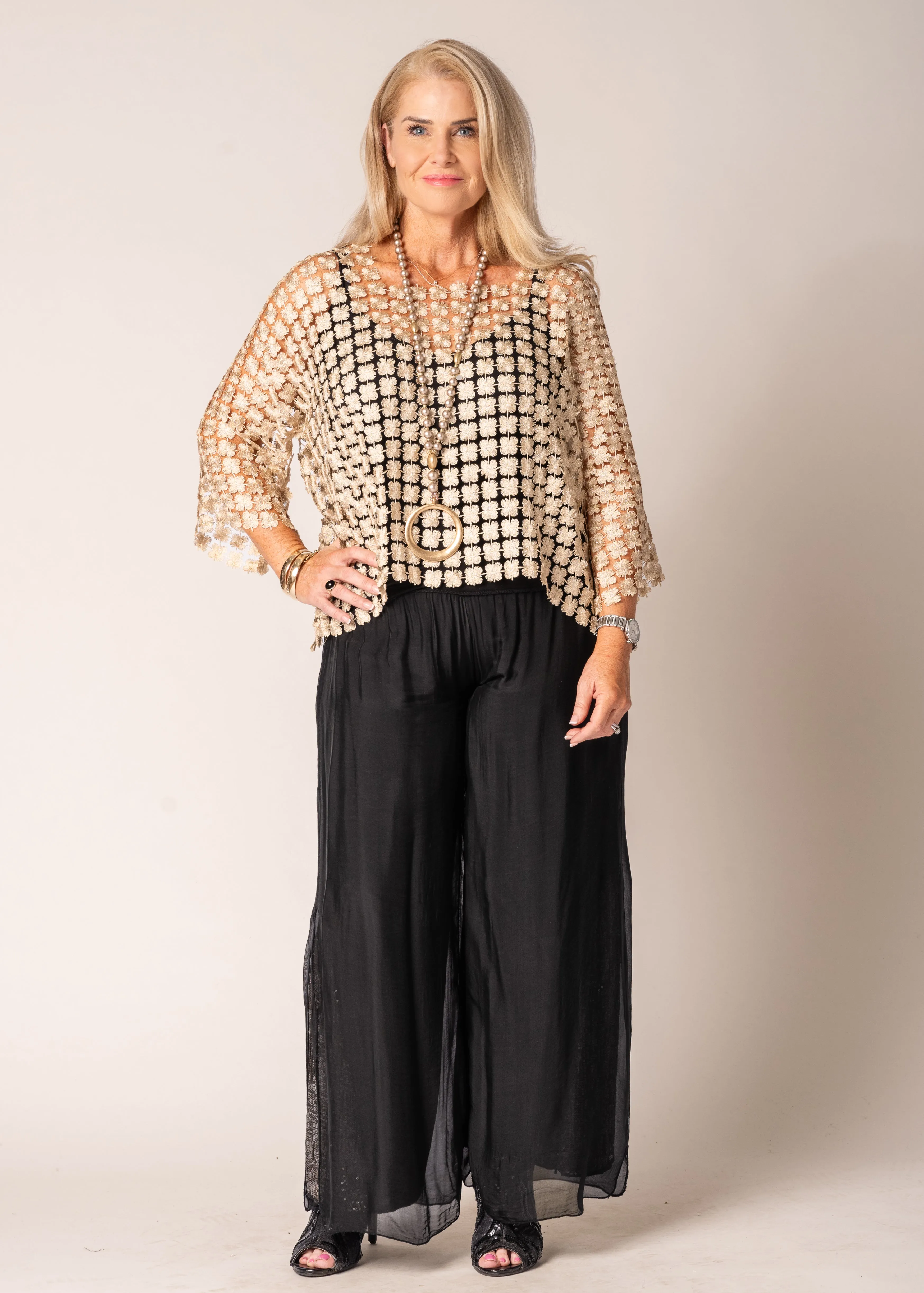 Carera Woven Metallic Top in Gold