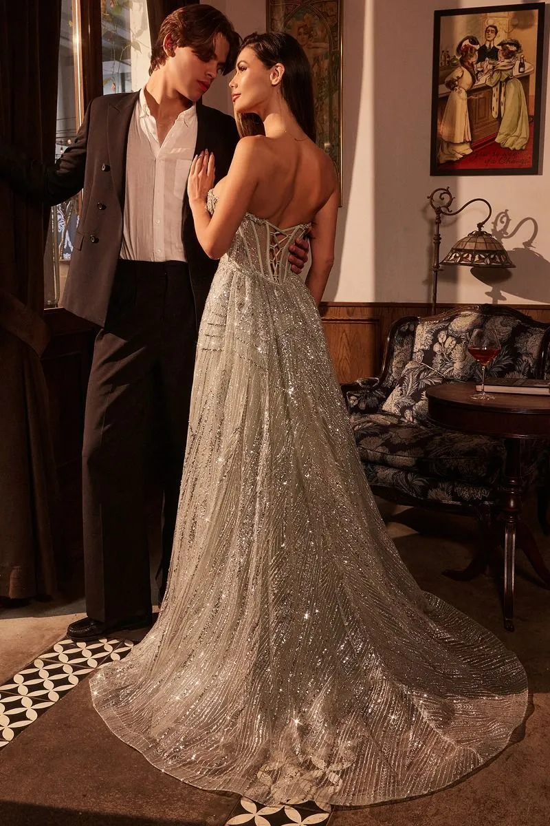 CD CM384 - Strapless Glitter Print Fit & Flare prom Gown with Rhinestone Trimmed Bodice Lace Up Corset Back & Overskirt