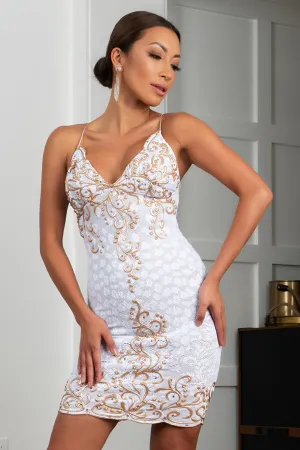 Channy Stretch Lace White Gold Short Cocktail Dress