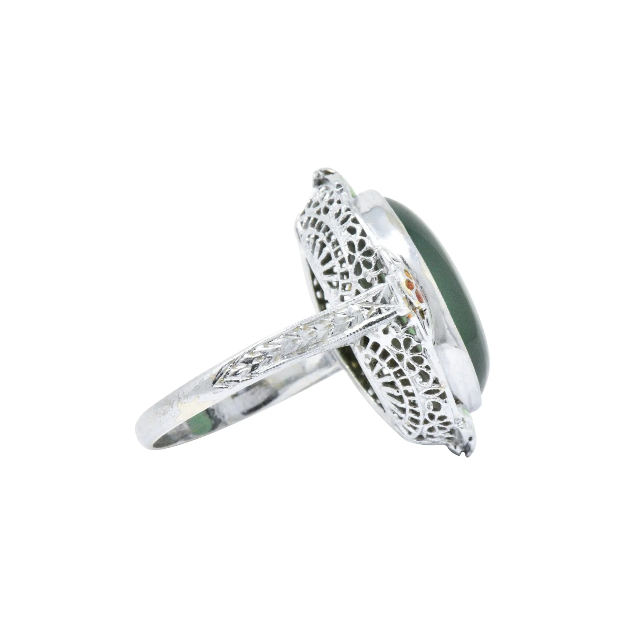 Cheerful Chrysoprase, Enamel & 14 Karat White Gold Ring, Circa 1930's