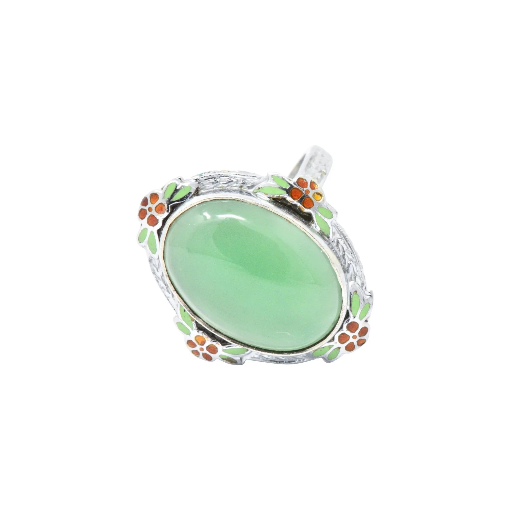 Cheerful Chrysoprase, Enamel & 14 Karat White Gold Ring, Circa 1930's