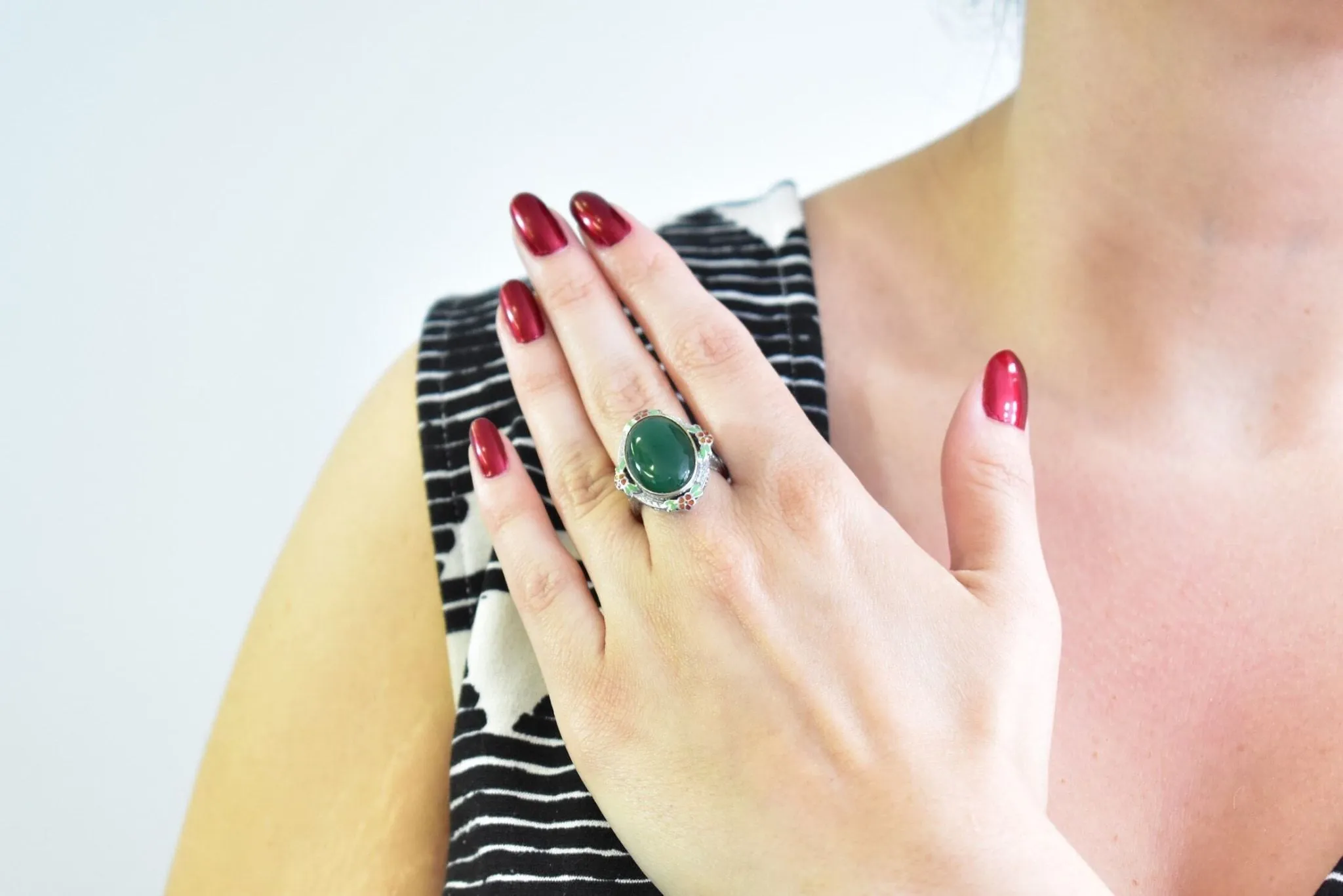 Cheerful Chrysoprase, Enamel & 14 Karat White Gold Ring, Circa 1930's