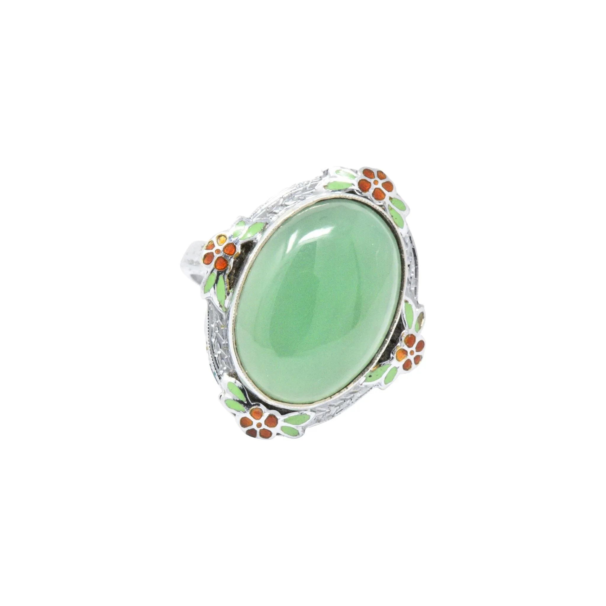 Cheerful Chrysoprase, Enamel & 14 Karat White Gold Ring, Circa 1930's